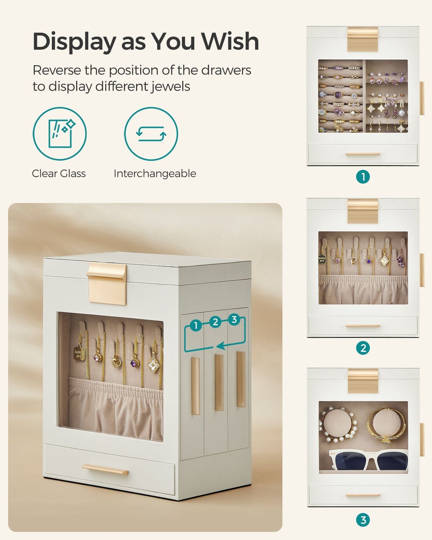Jewellery Organiser - Glass - Cloud White - 5 Layers with 3 Side Drawers and Big Mirror