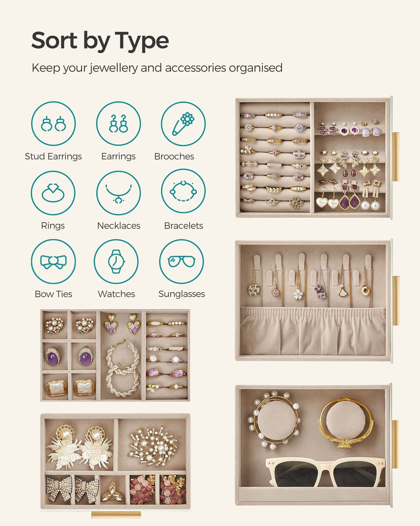 Jewellery Organiser - Glass - Cloud White - 5 Layers with 3 Side Drawers and Big Mirror