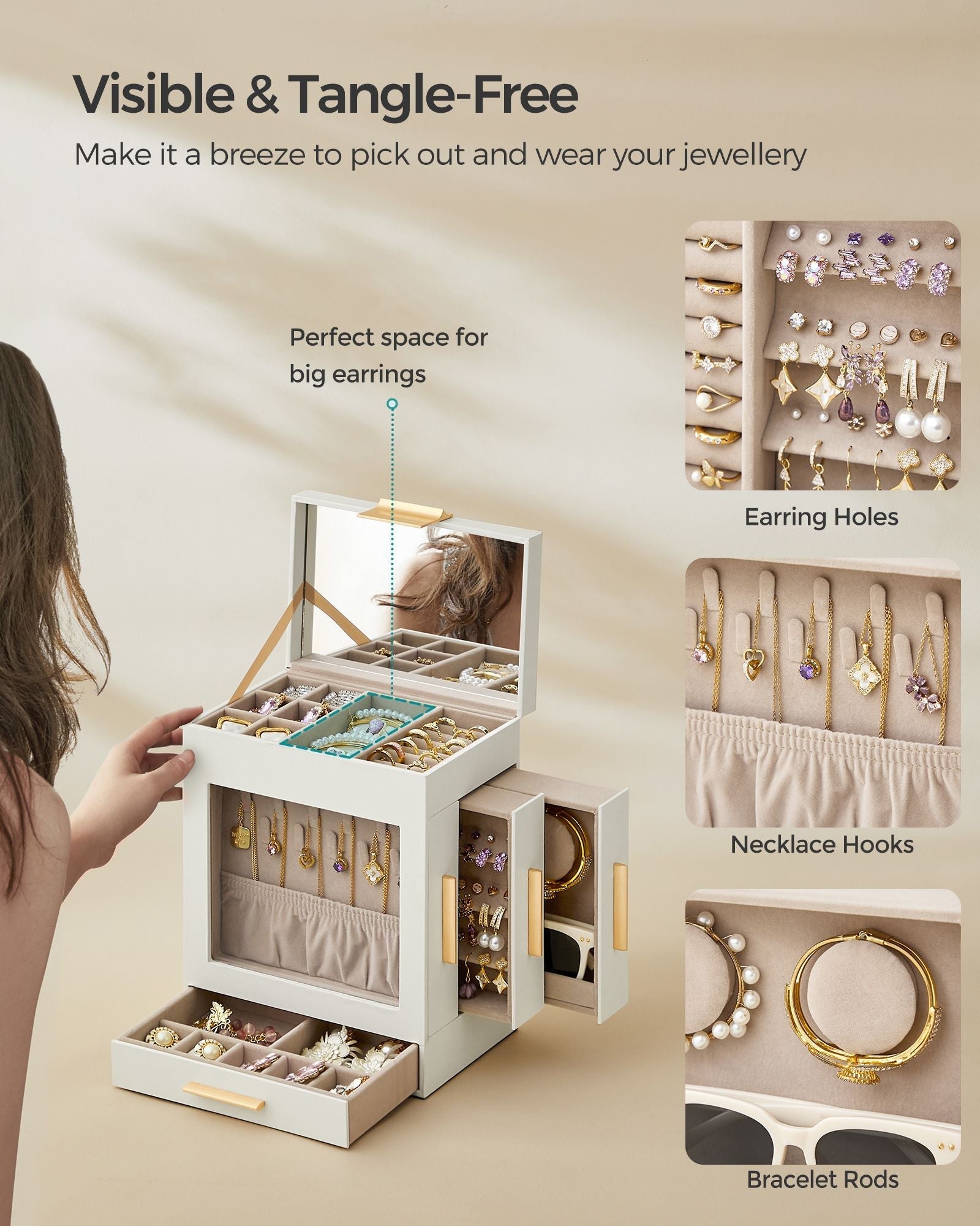 Jewellery Organiser - Glass - Cloud White - 5 Layers with 3 Side Drawers and Big Mirror