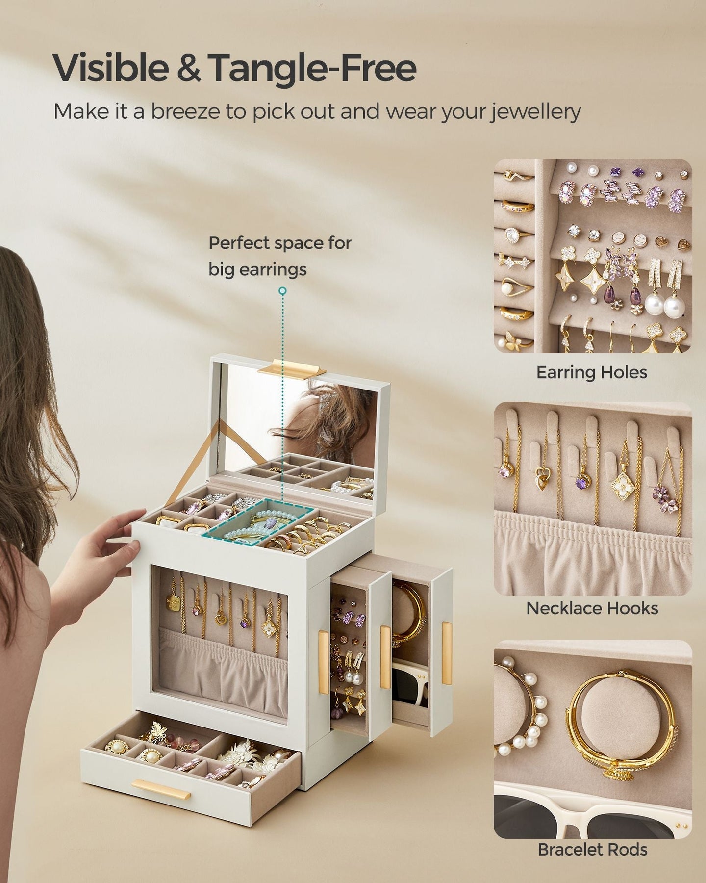 Jewellery Organiser - Glass - Cloud White - 5 Layers with 3 Side Drawers and Big Mirror