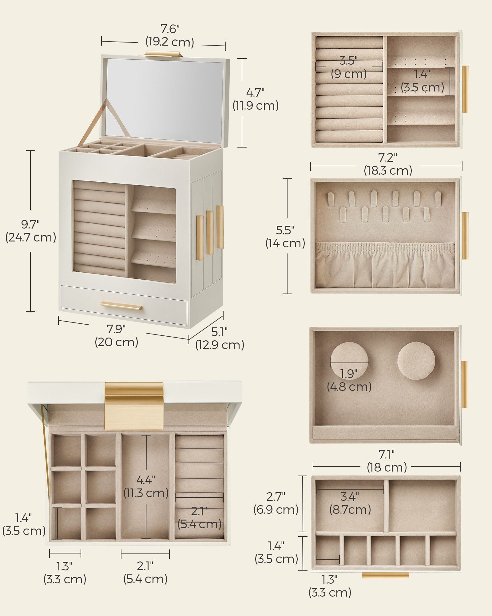 Jewellery Organiser - Glass - Cloud White - 5 Layers with 3 Side Drawers and Big Mirror
