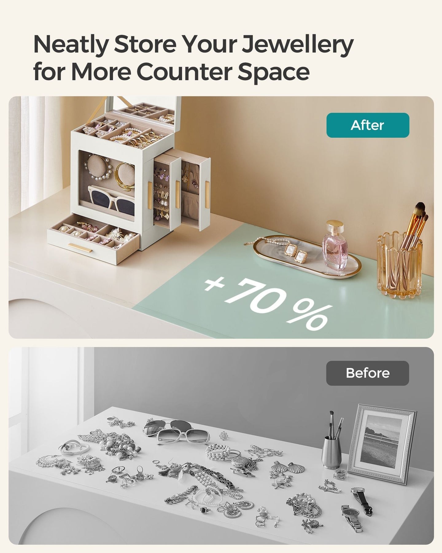 Jewellery Organiser - Glass - Cloud White - 5 Layers with 3 Side Drawers and Big Mirror