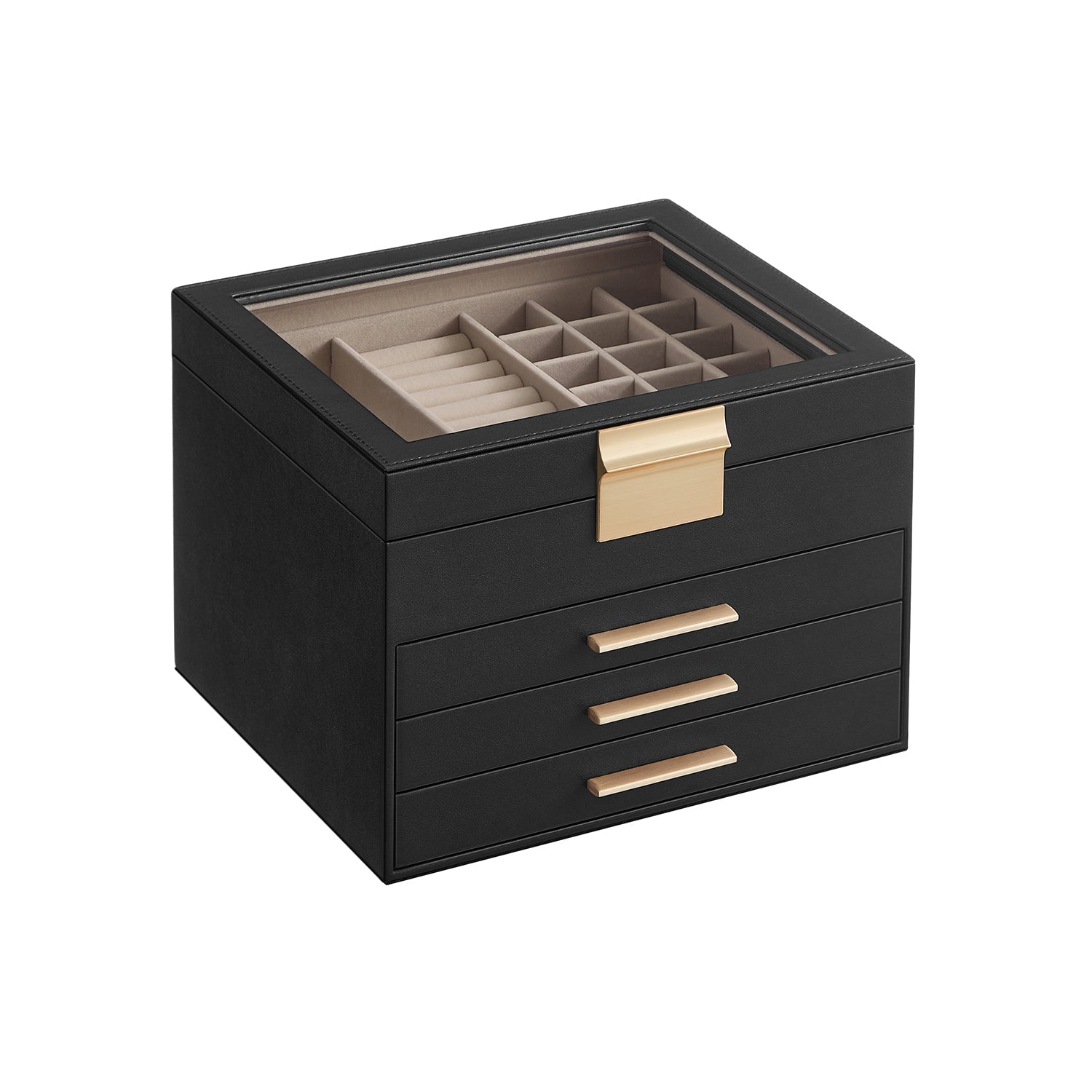 4-Layer Jewellery Box - Glass - Graphite Black & Gold - Organiser with 3 Drawers