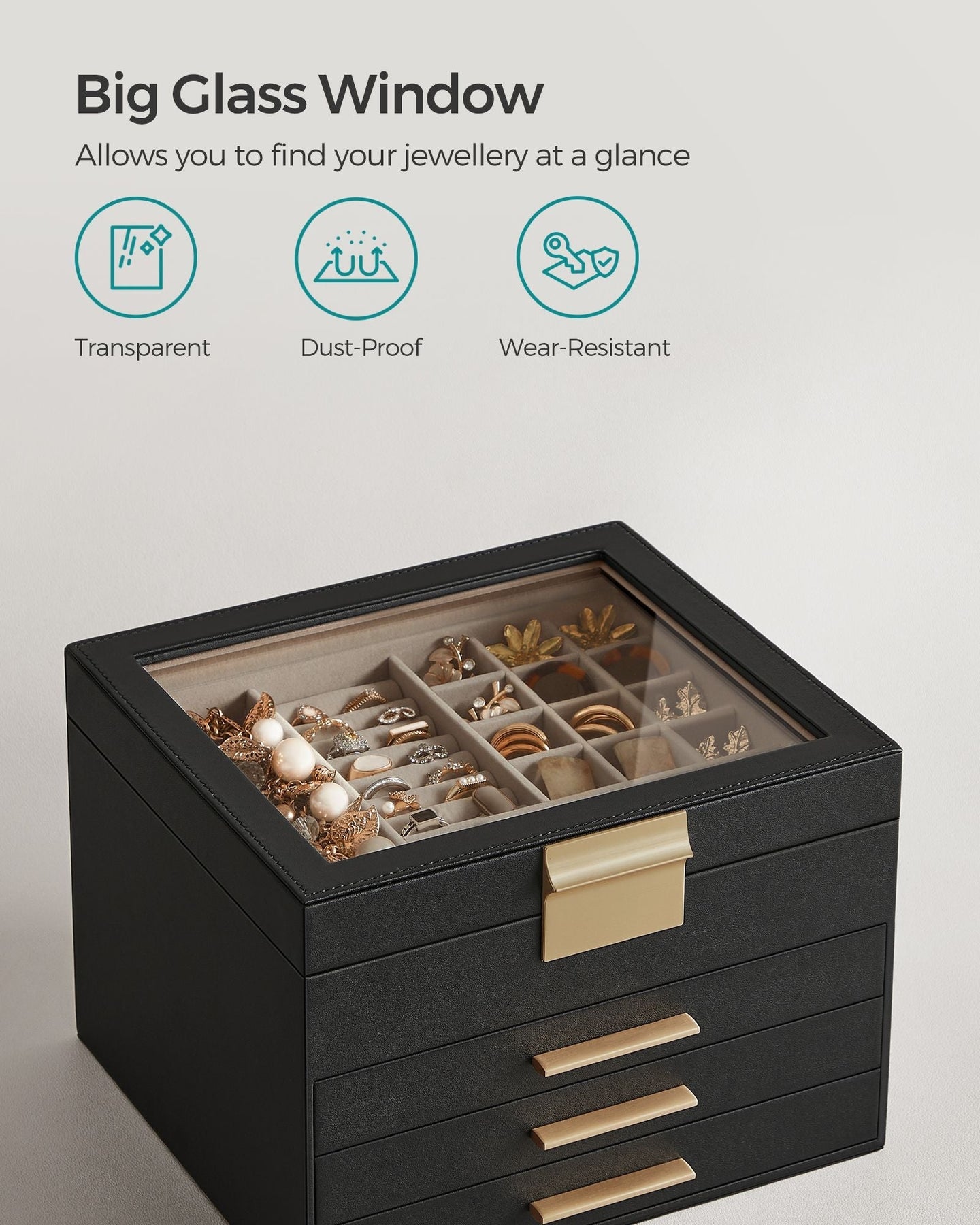 4-Layer Jewellery Box - Glass - Graphite Black & Gold - Organiser with 3 Drawers