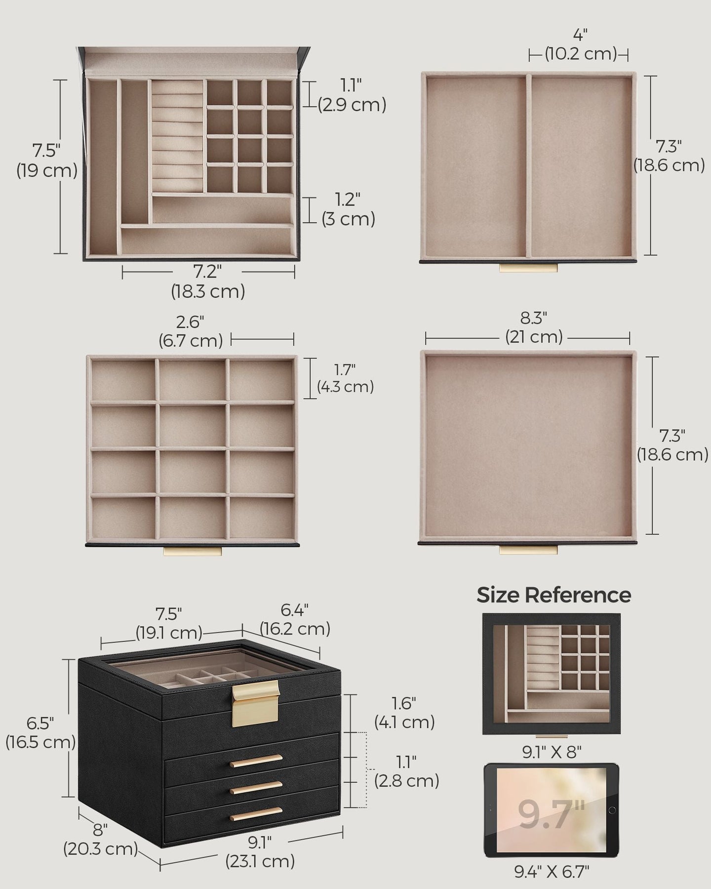 4-Layer Jewellery Box - Glass - Graphite Black & Gold - Organiser with 3 Drawers