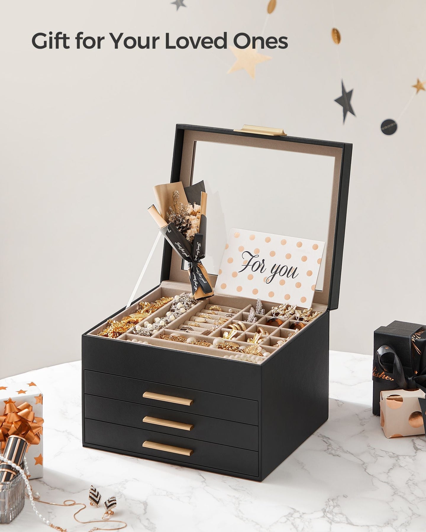 4-Layer Jewellery Box - Glass - Graphite Black & Gold - Organiser with 3 Drawers