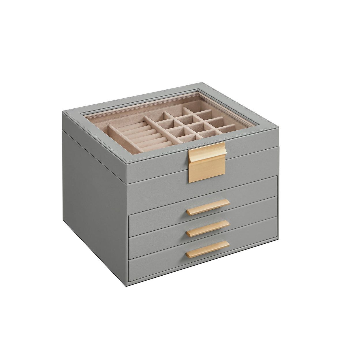 4-Tier Jewellery Box - 2 Drawers and Lid - Wood - Dove Grey with Gold Accents