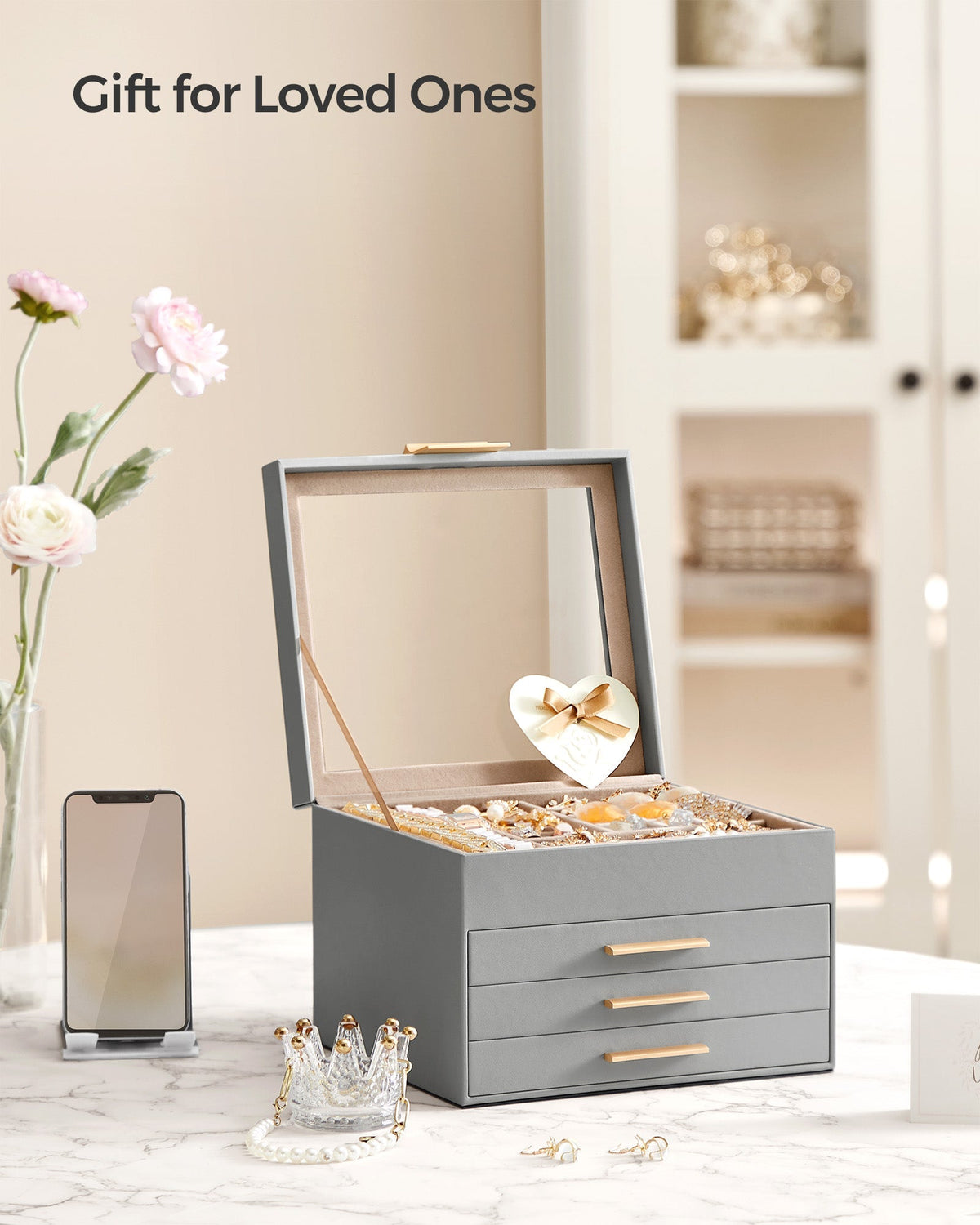 4-Tier Jewellery Box - 2 Drawers and Lid - Wood - Dove Grey with Gold Accents