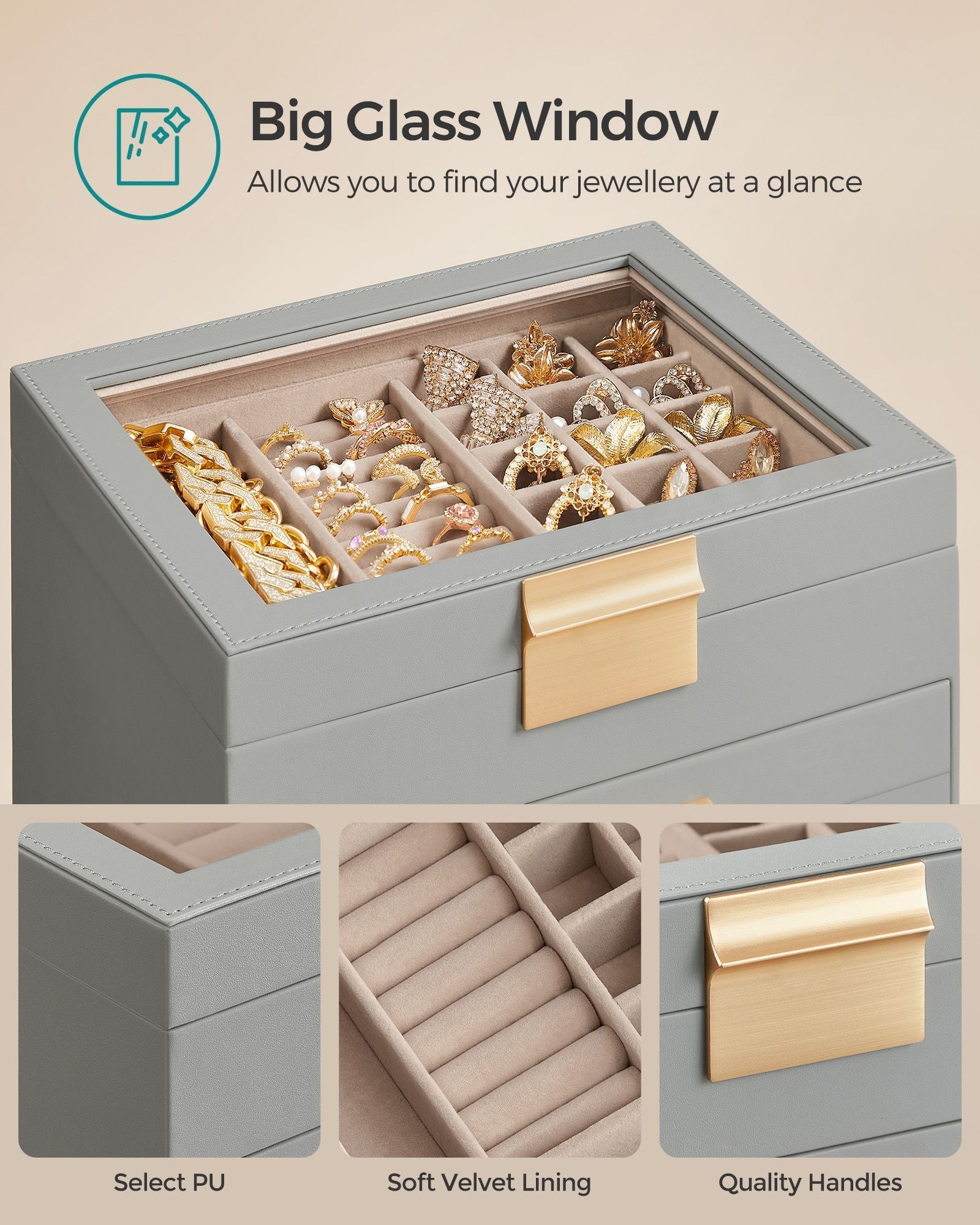 4-Tier Jewellery Box - 2 Drawers and Lid - Wood - Dove Grey with Gold Accents