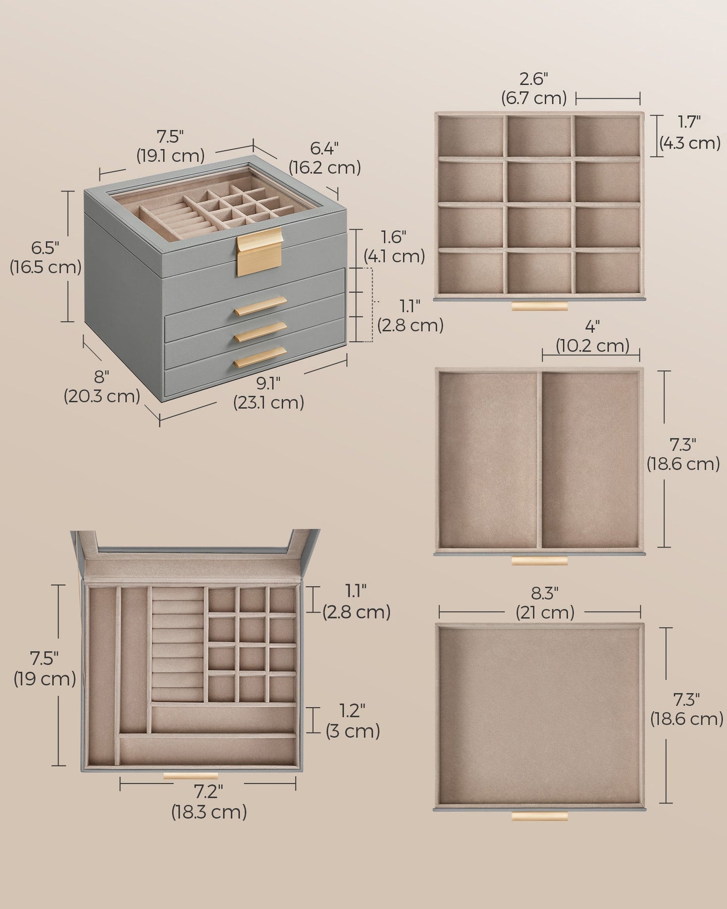 4-Tier Jewellery Box - 2 Drawers and Lid - Wood - Dove Grey with Gold Accents