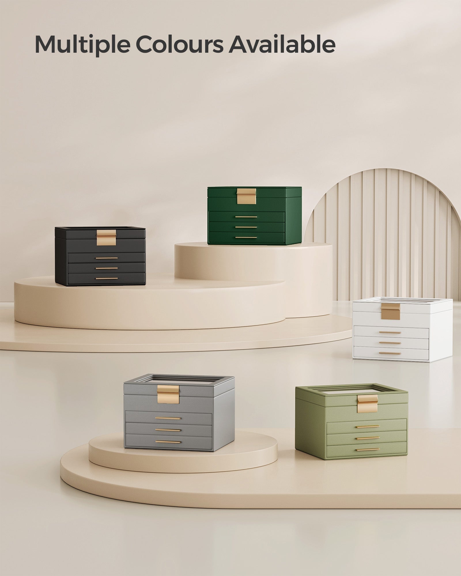 4-Tier Jewellery Box - 2 Drawers and Lid - Wood - Dove Grey with Gold Accents
