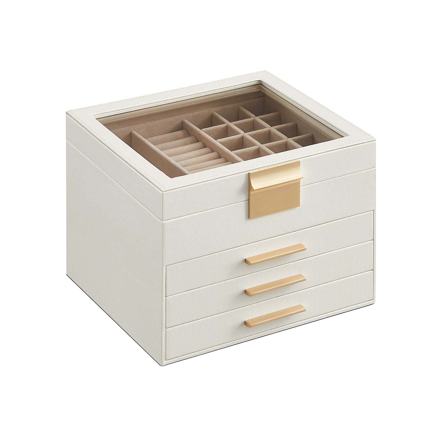 Jewellery Box - 4-Layer with 3 Drawers - Glass - Cloud White and Gold - Quality Materials for Lasting Appeal