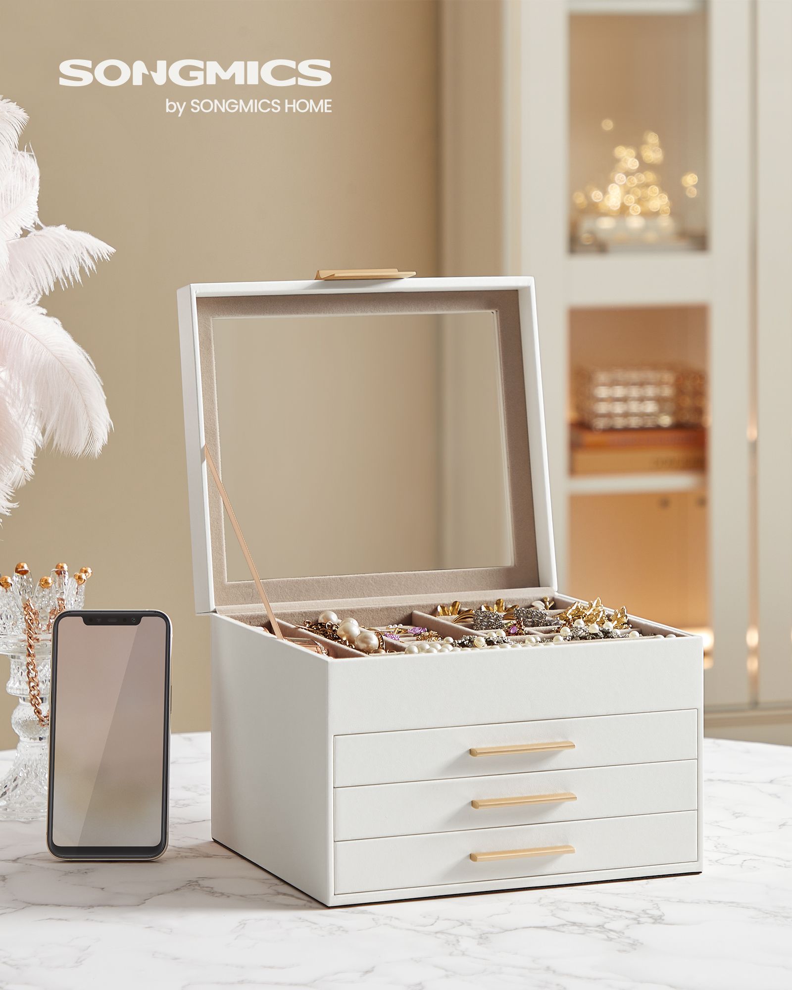 Jewellery Box - 4-Layer with 3 Drawers - Glass - Cloud White and Gold - Quality Materials for Lasting Appeal