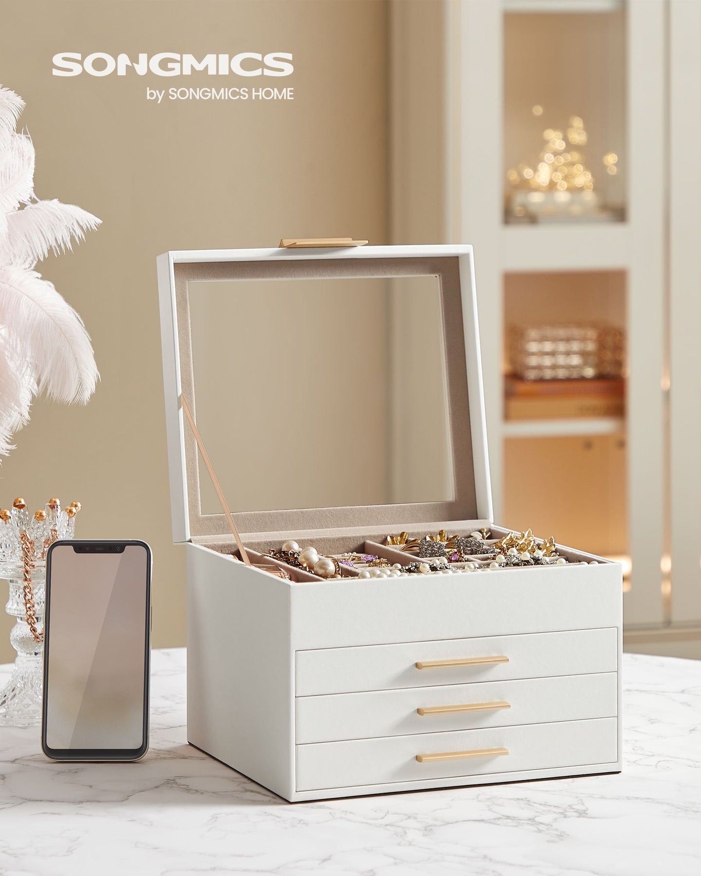 Jewellery Box - 4-Layer with 3 Drawers - Glass - Cloud White and Gold - Quality Materials for Lasting Appeal