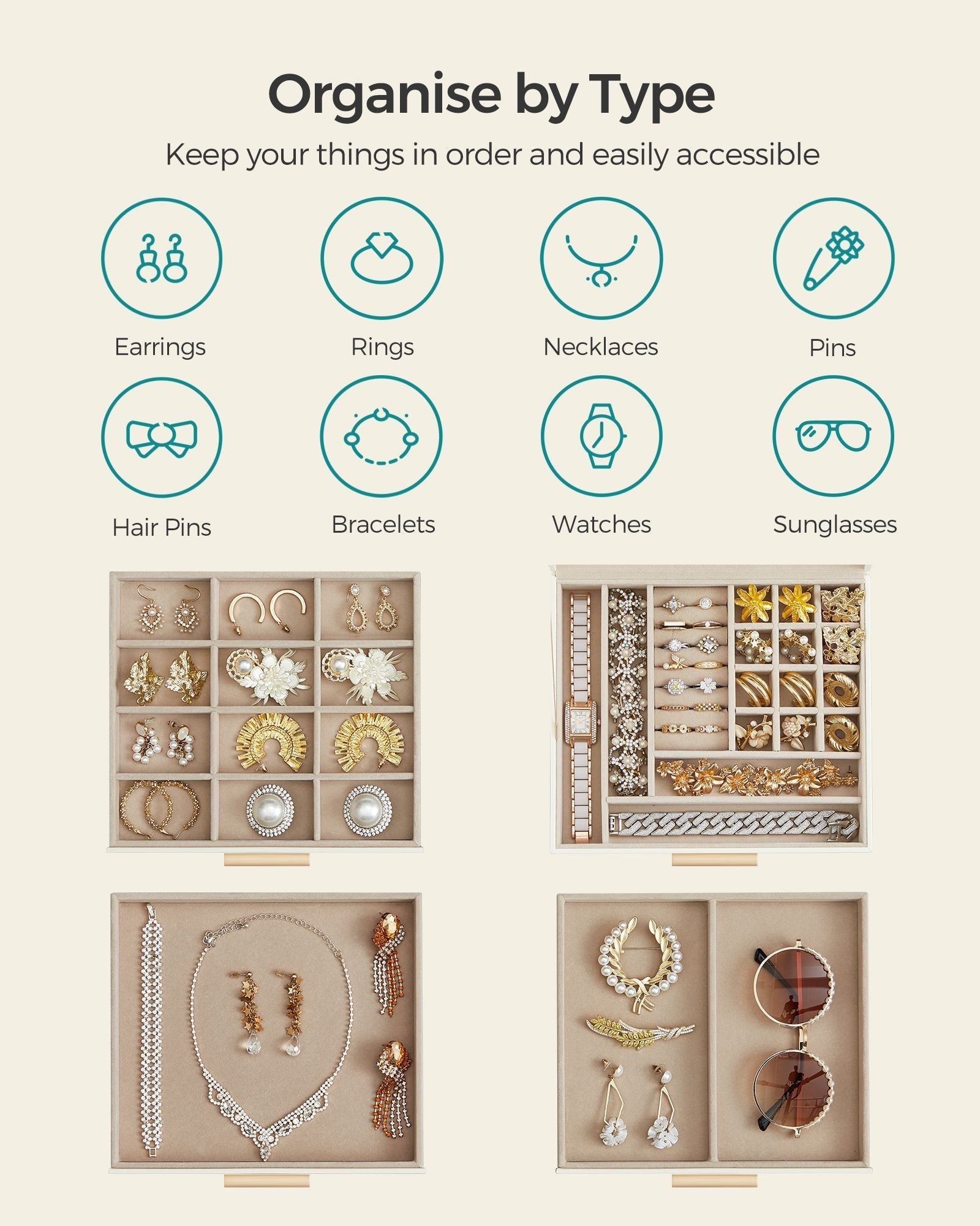 Jewellery Box - 4-Layer with 3 Drawers - Glass - Cloud White and Gold - Quality Materials for Lasting Appeal