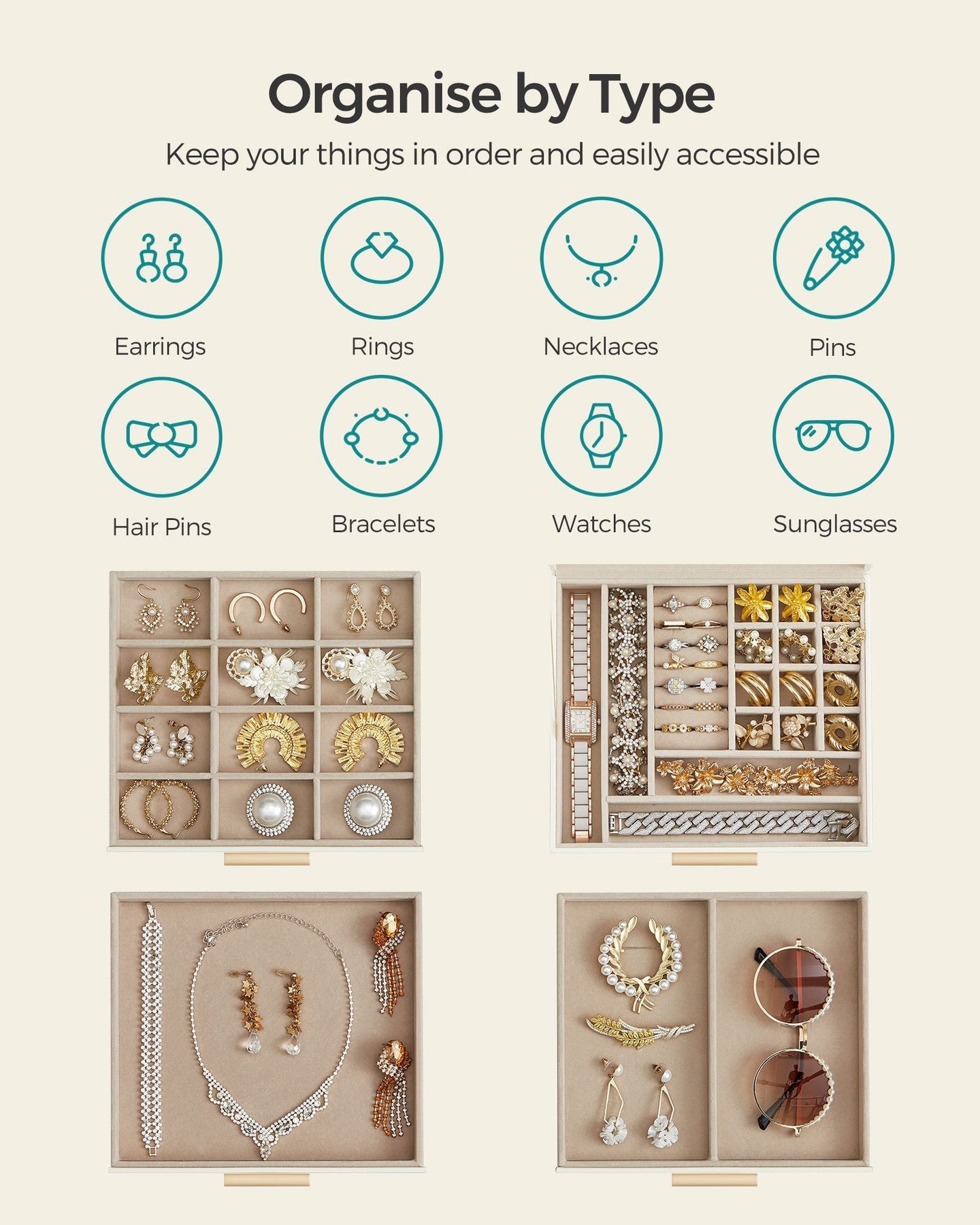 Jewellery Box - 4-Layer with 3 Drawers - Glass - Cloud White and Gold - Quality Materials for Lasting Appeal
