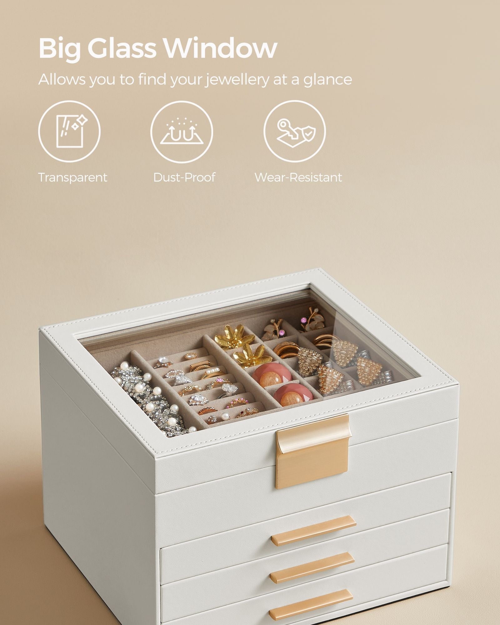 Jewellery Box - 4-Layer with 3 Drawers - Glass - Cloud White and Gold - Quality Materials for Lasting Appeal