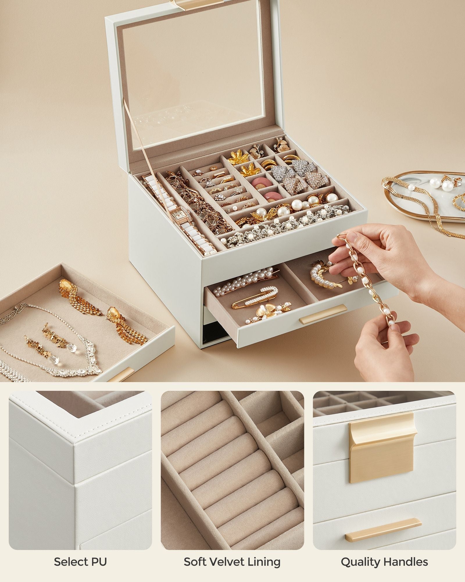 Jewellery Box - 4-Layer with 3 Drawers - Glass - Cloud White and Gold - Quality Materials for Lasting Appeal