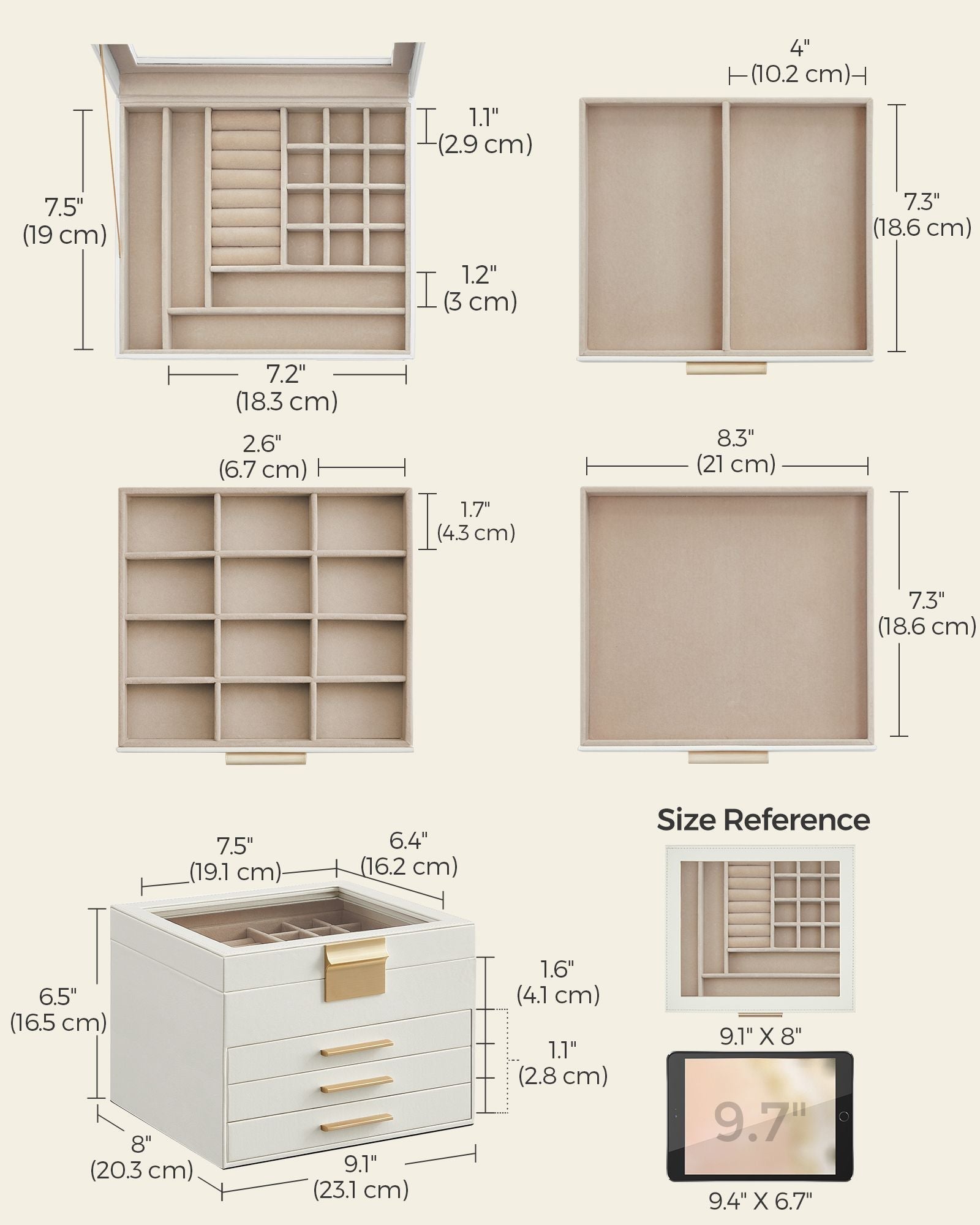 Jewellery Box - 4-Layer with 3 Drawers - Glass - Cloud White and Gold - Quality Materials for Lasting Appeal