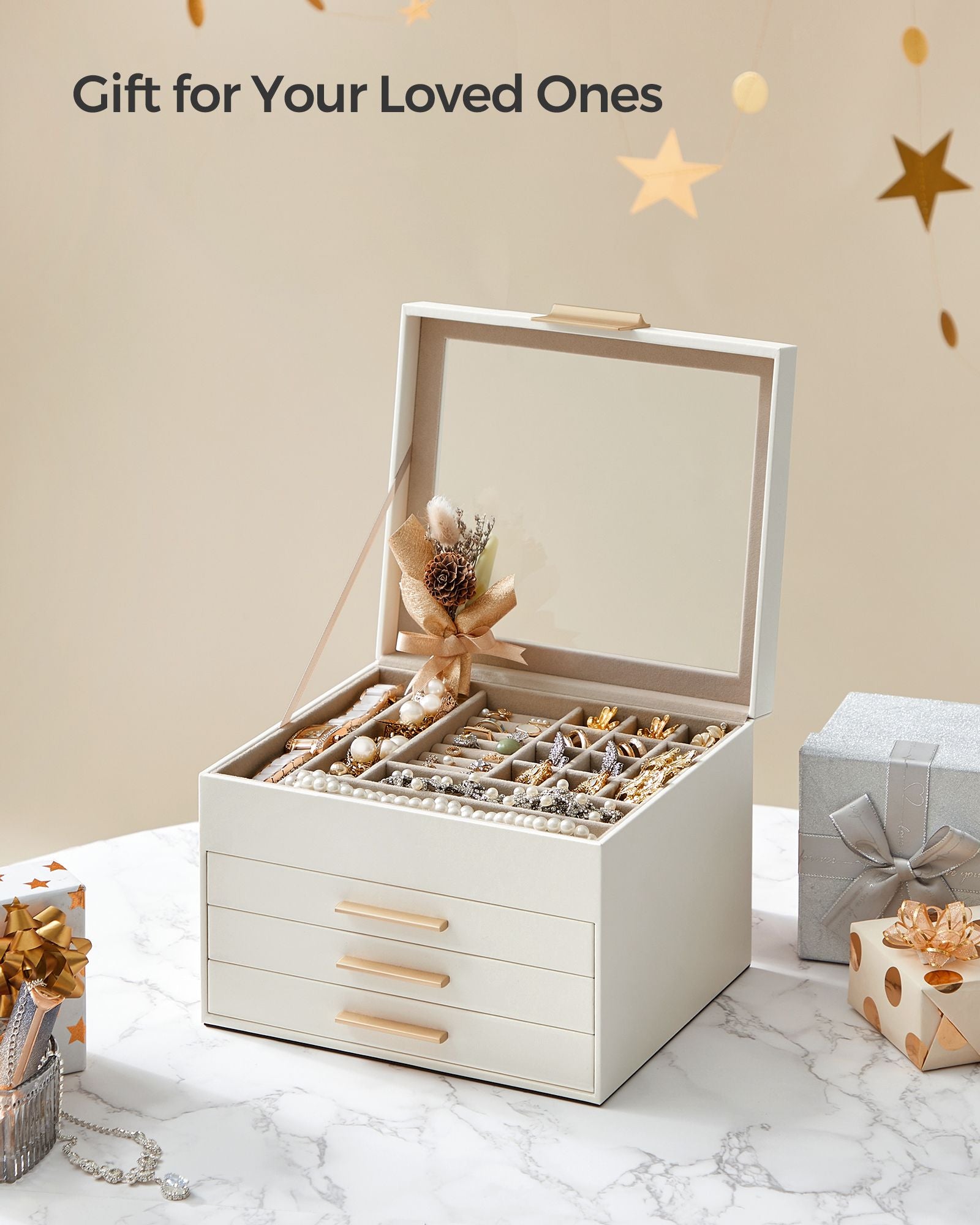 Jewellery Box - 4-Layer with 3 Drawers - Glass - Cloud White and Gold - Quality Materials for Lasting Appeal