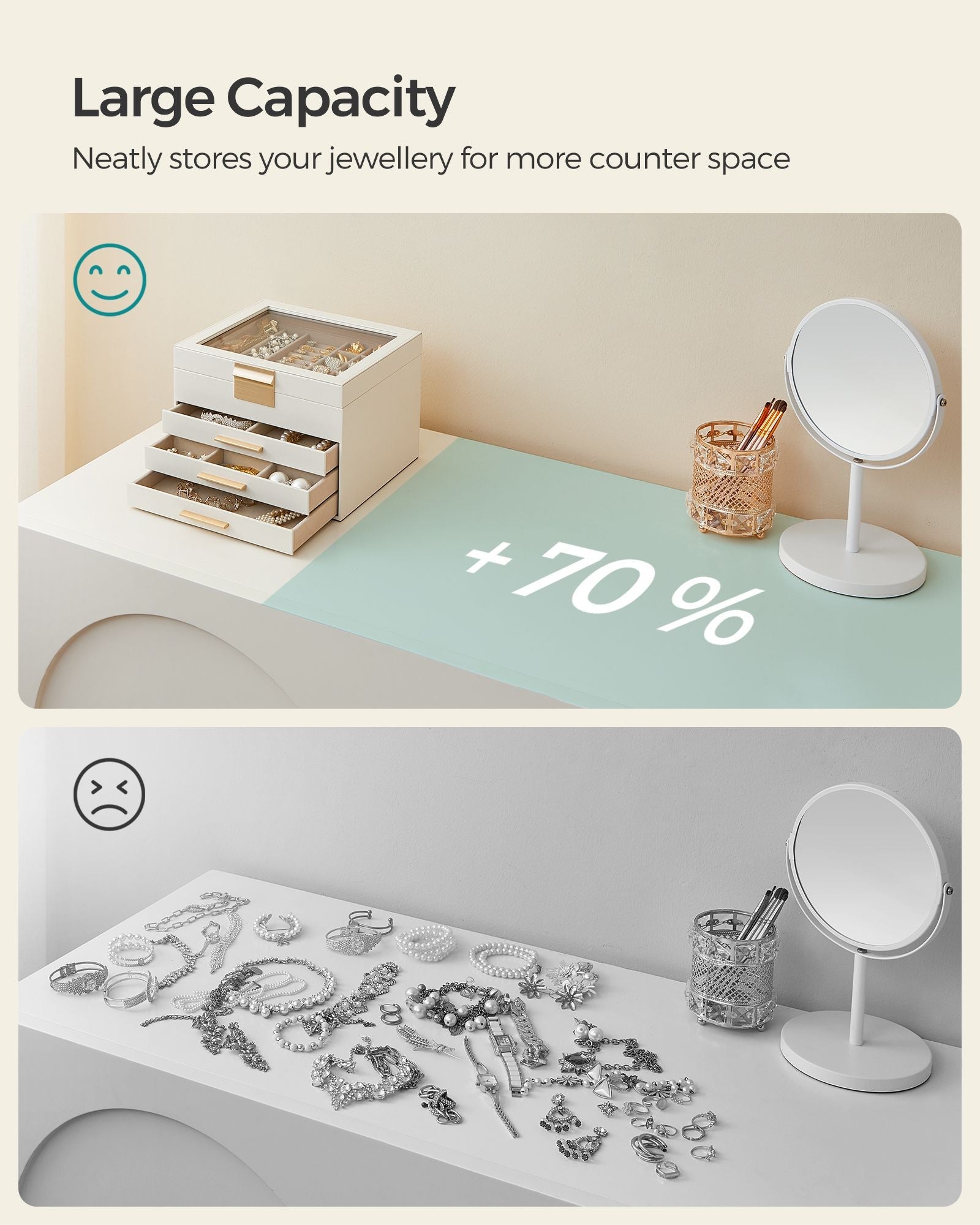 Jewellery Box - 4-Layer with 3 Drawers - Glass - Cloud White and Gold - Quality Materials for Lasting Appeal