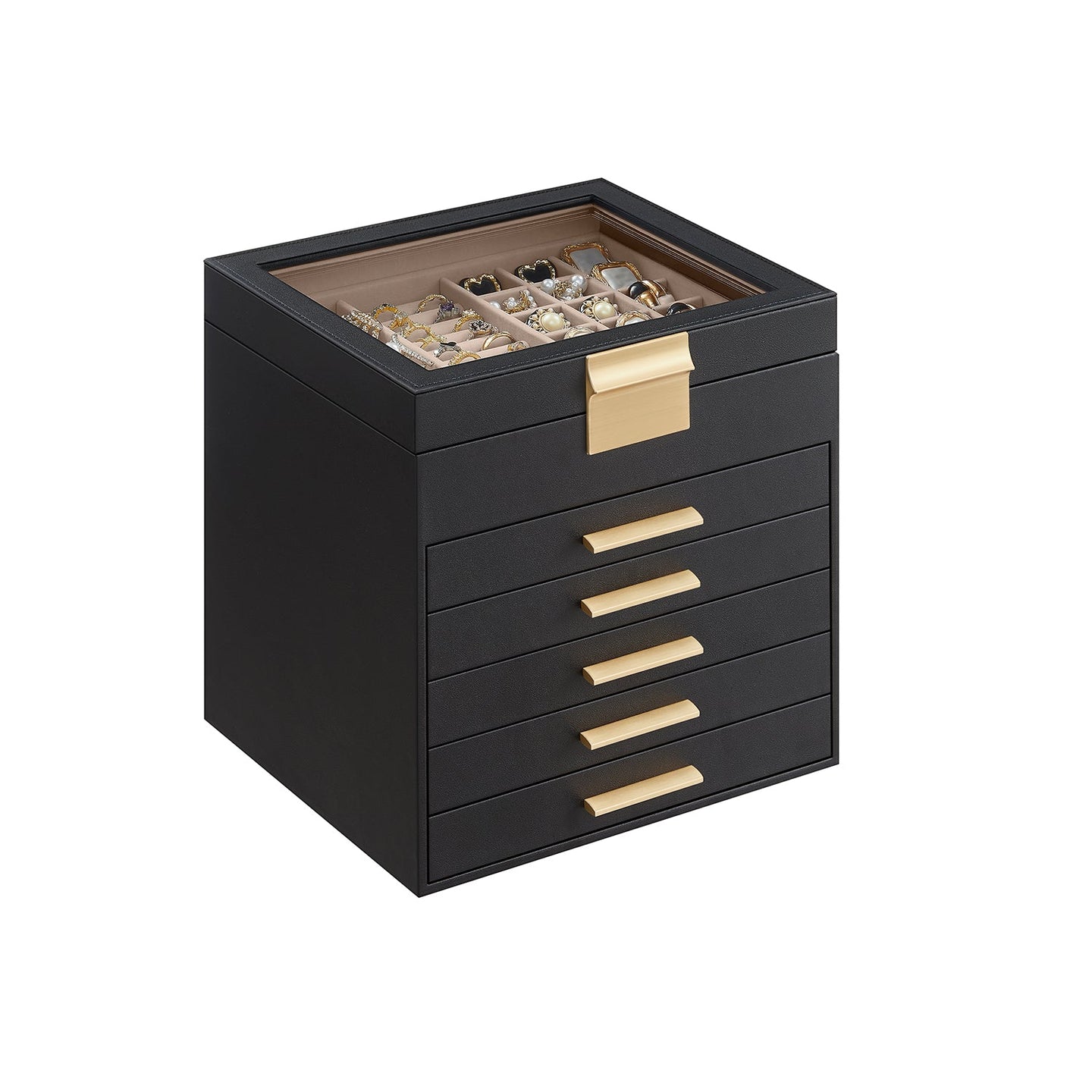 Jewellery Box - Glass - Graphite Black and Gold - 6 Layers with 2 Drawers