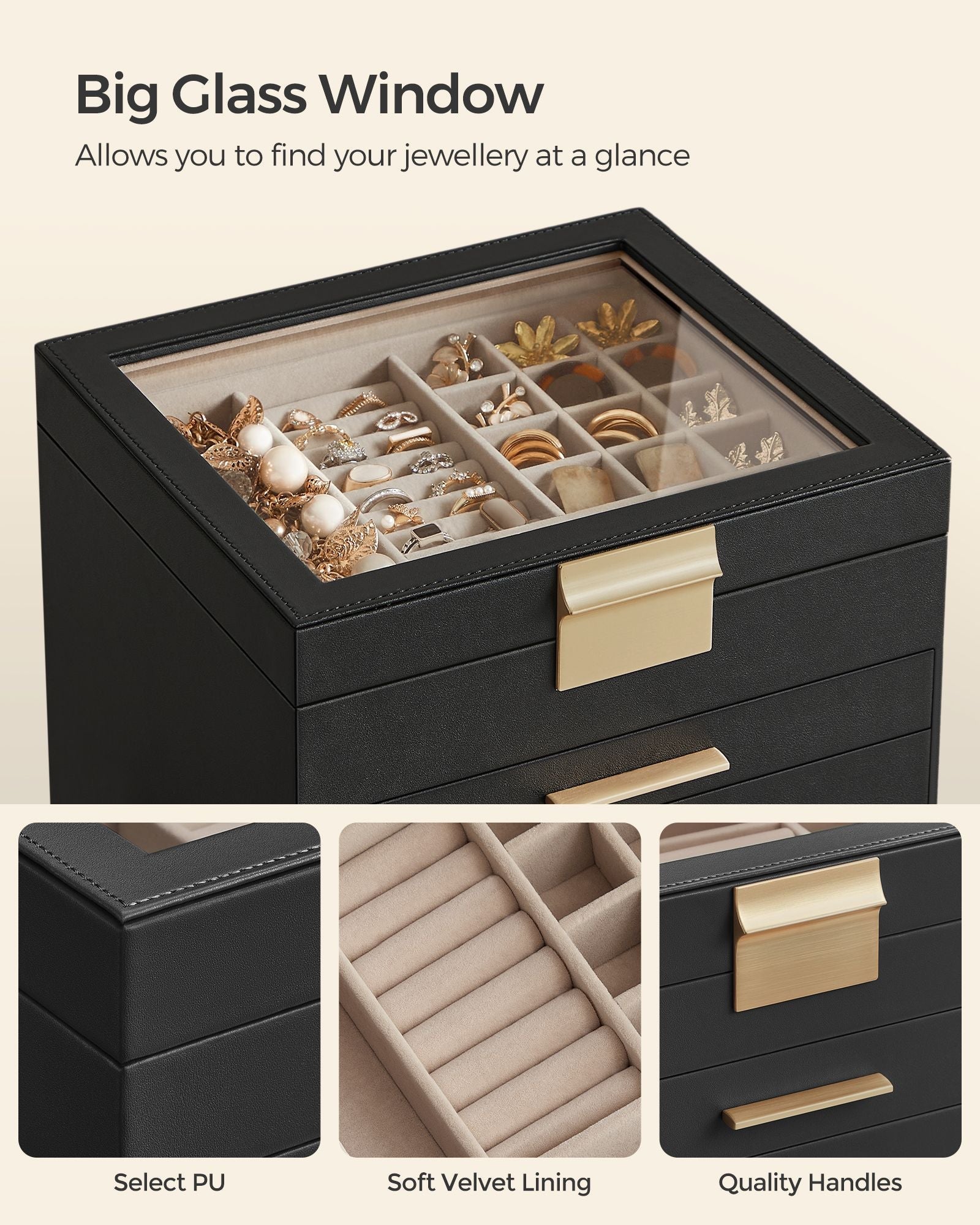 Jewellery Box - Glass - Graphite Black and Gold - 6 Layers with 2 Drawers