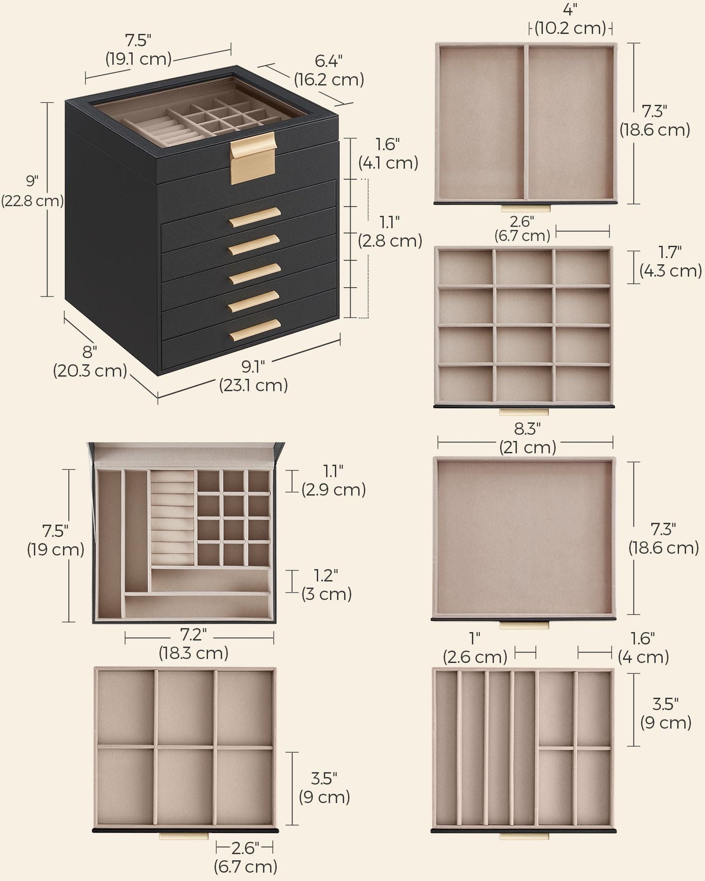 Jewellery Box - Glass - Graphite Black and Gold - 6 Layers with 2 Drawers