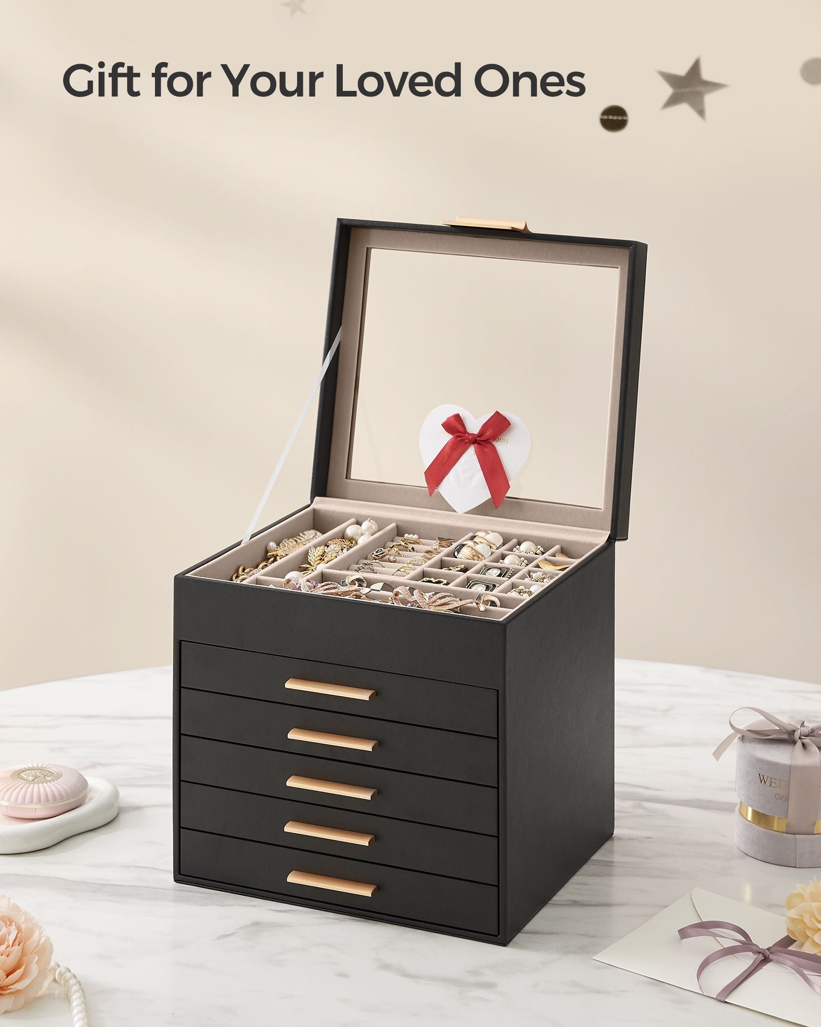 Jewellery Box - Glass - Graphite Black and Gold - 6 Layers with 2 Drawers