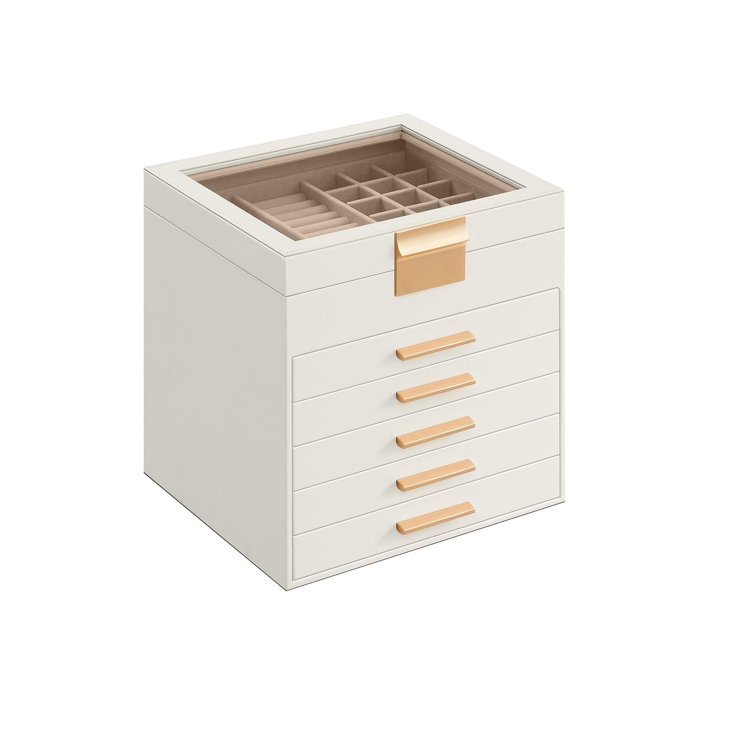 Jewellery Box - 6-Layer with Drawers - Glass - Cloud White and Gold