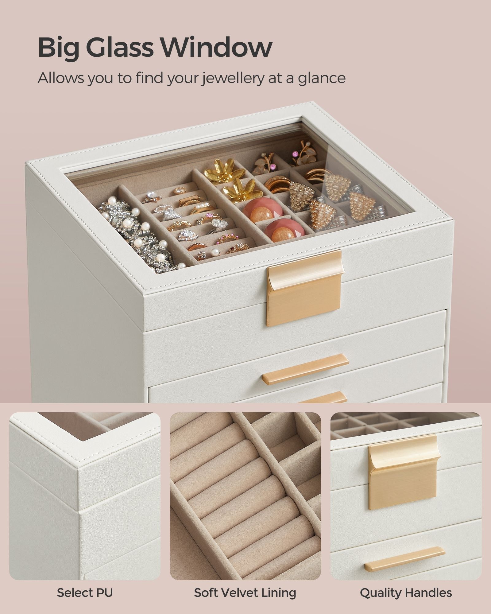 Jewellery Box - 6-Layer with Drawers - Glass - Cloud White and Gold