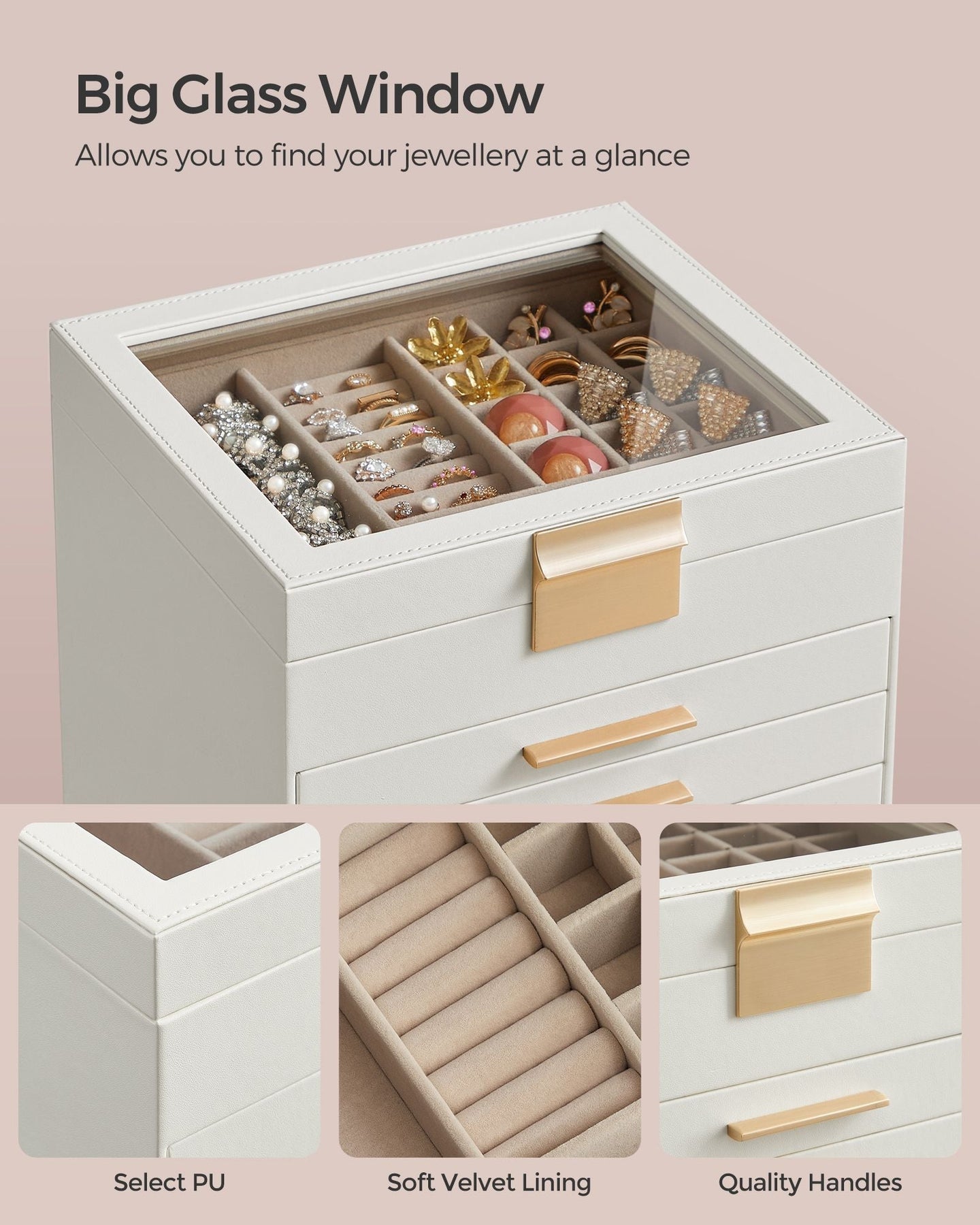 Jewellery Box - 6-Layer with Drawers - Glass - Cloud White and Gold