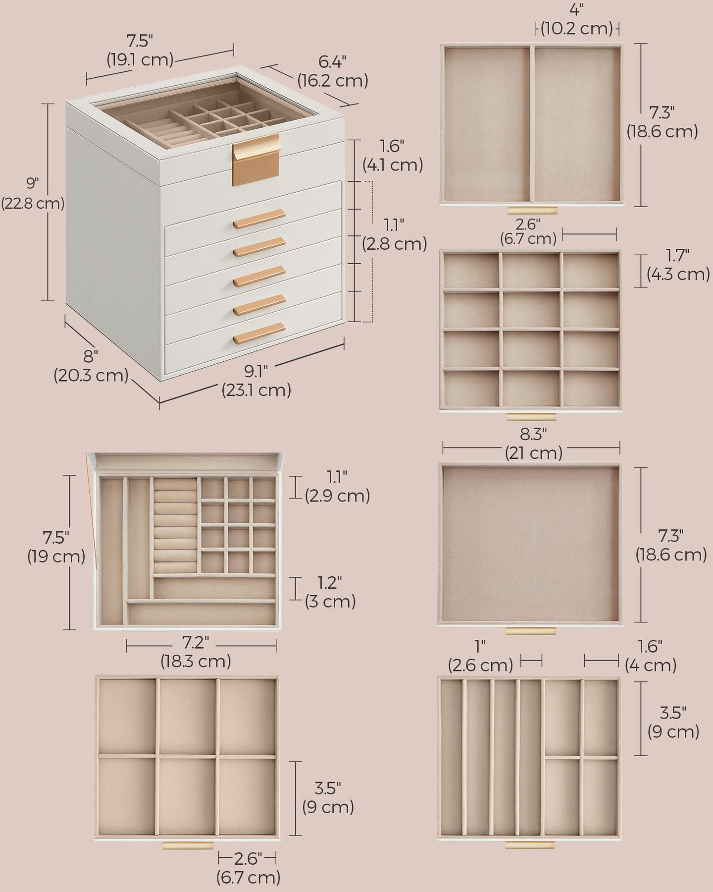 Jewellery Box - 6-Layer with Drawers - Glass - Cloud White and Gold