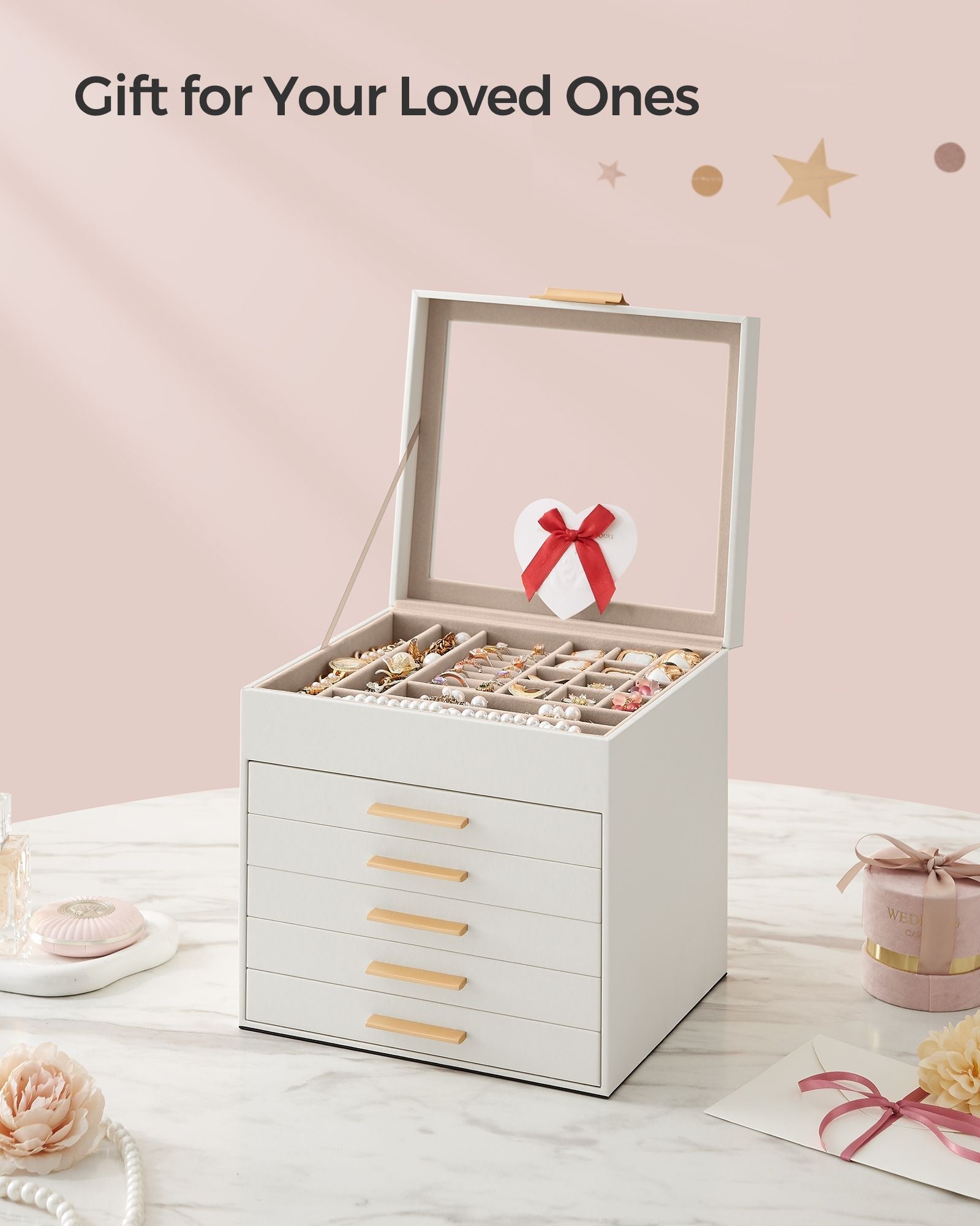 Jewellery Box - 6-Layer with Drawers - Glass - Cloud White and Gold