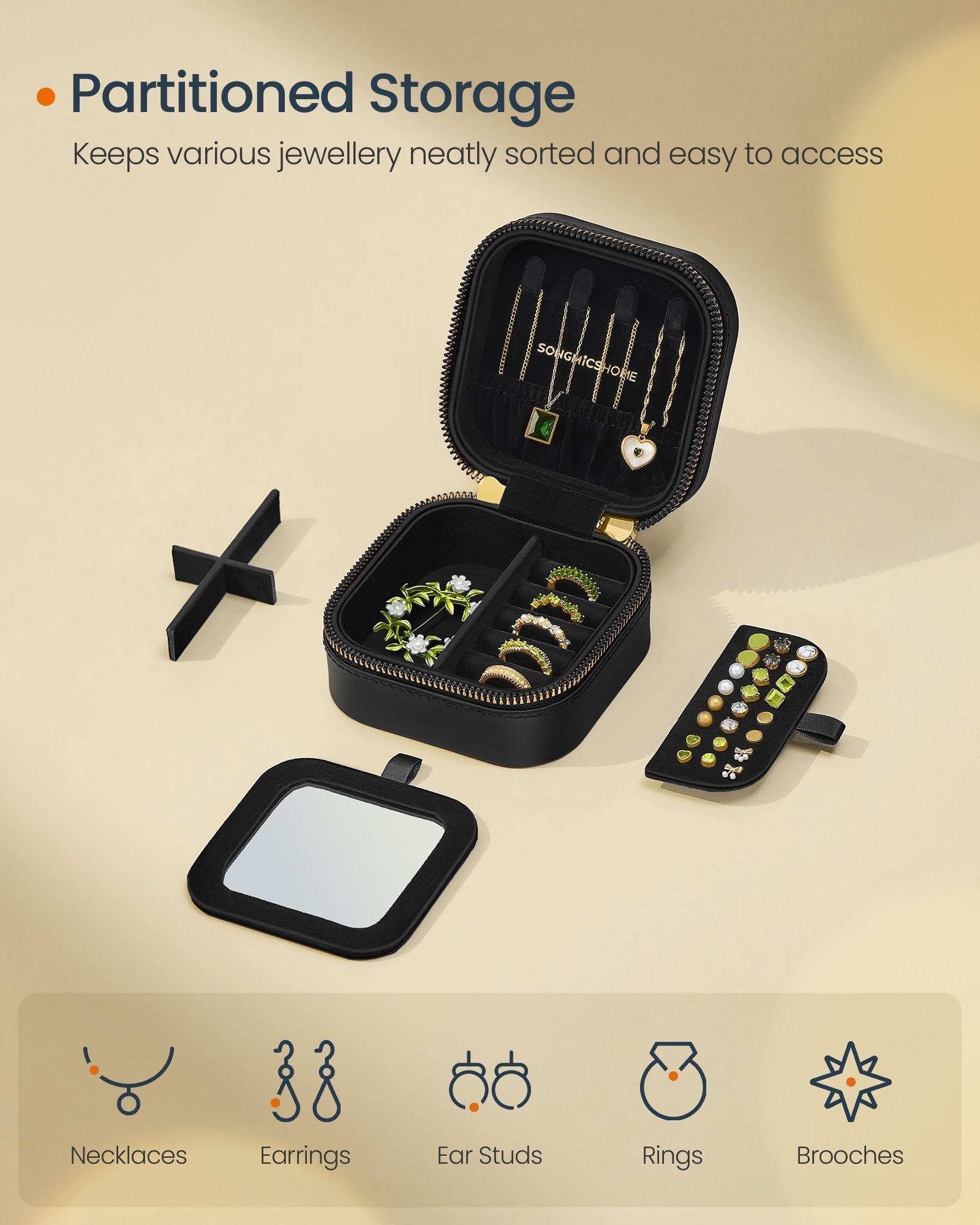 Travel Jewellery Box - PU - Ink Black - Portable with Mirror and Zippers