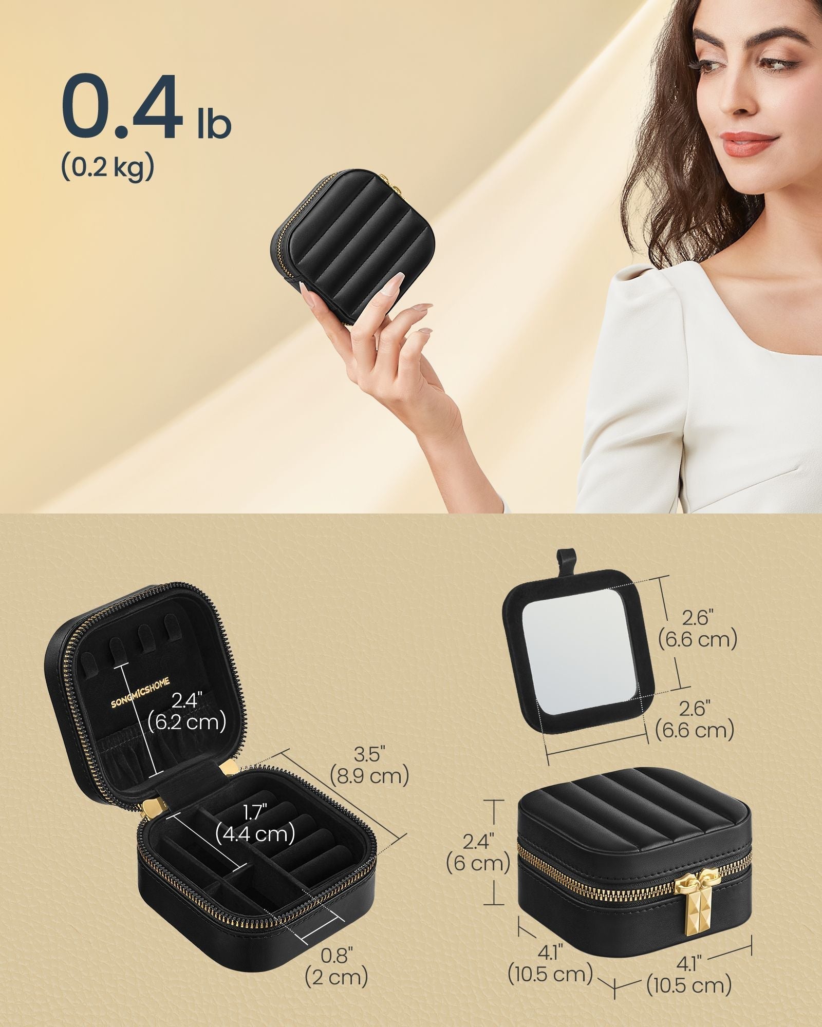 Travel Jewellery Box - PU - Ink Black - Portable with Mirror and Zippers