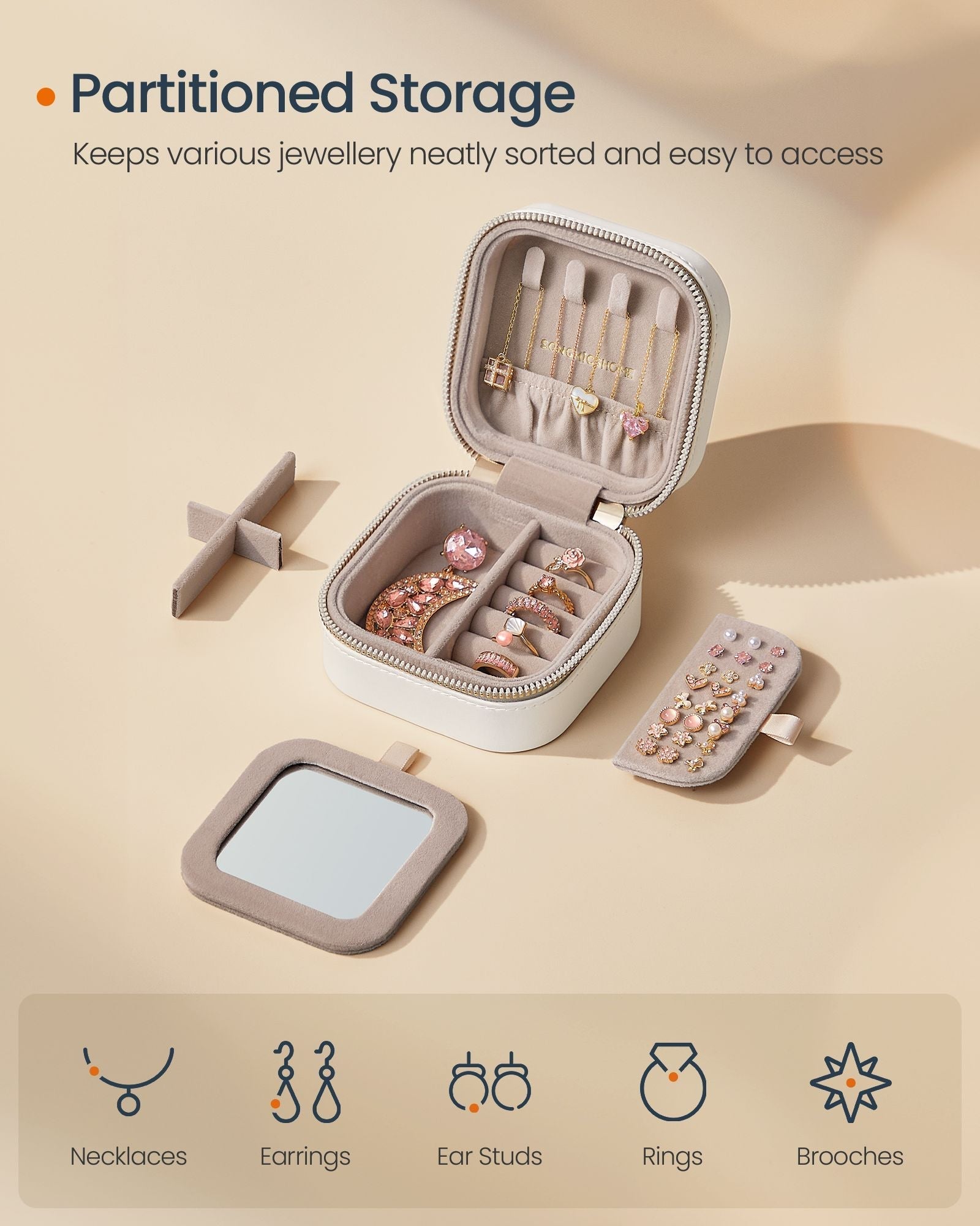 Travel Jewellery Box - PU - Cloud White - Portable with Mirror and Zippers