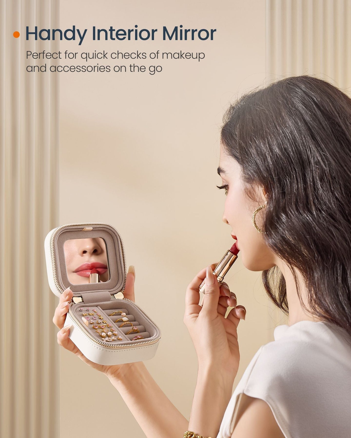 Travel Jewellery Box - PU - Cloud White - Portable with Mirror and Zippers