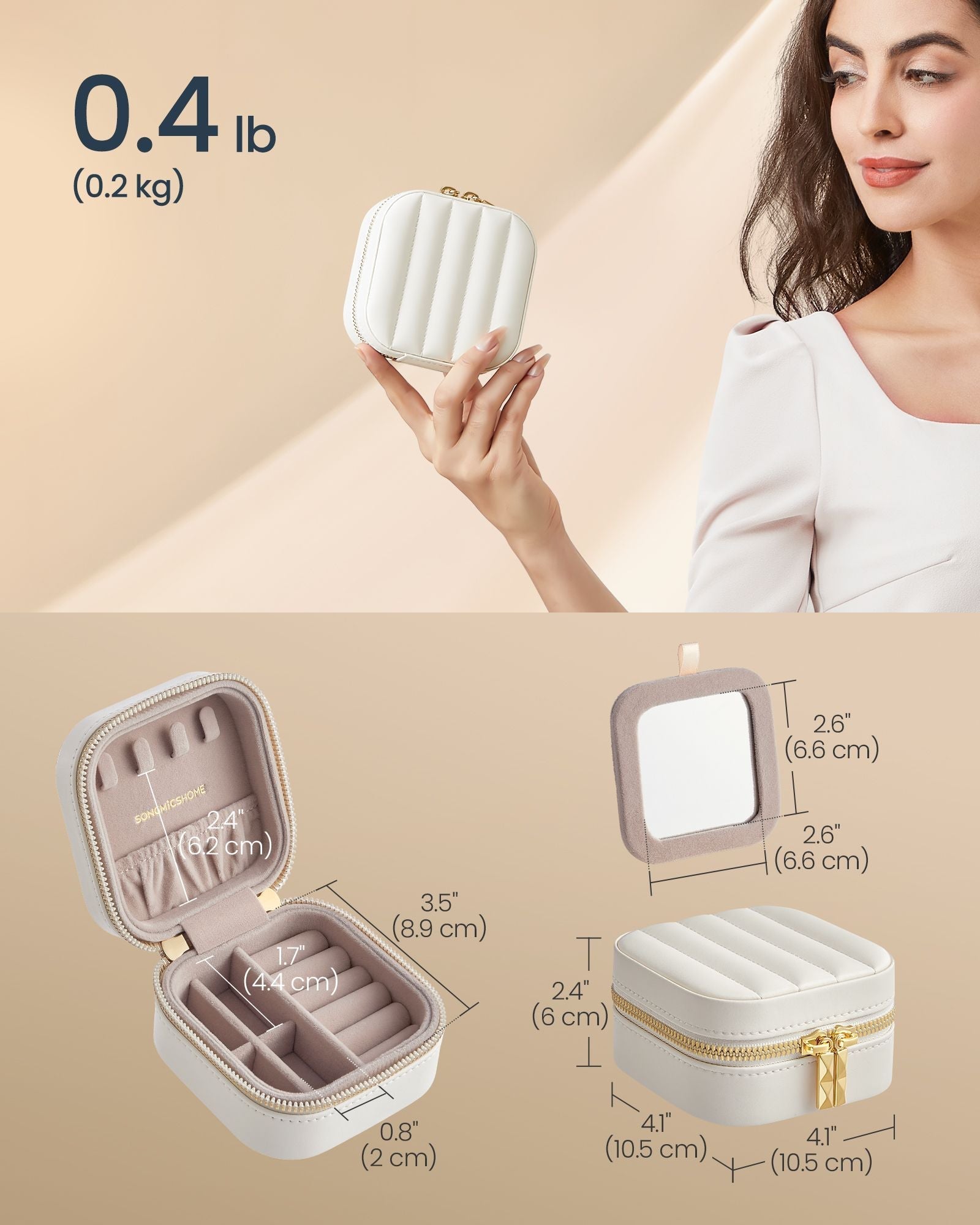 Travel Jewellery Box - PU - Cloud White - Portable with Mirror and Zippers