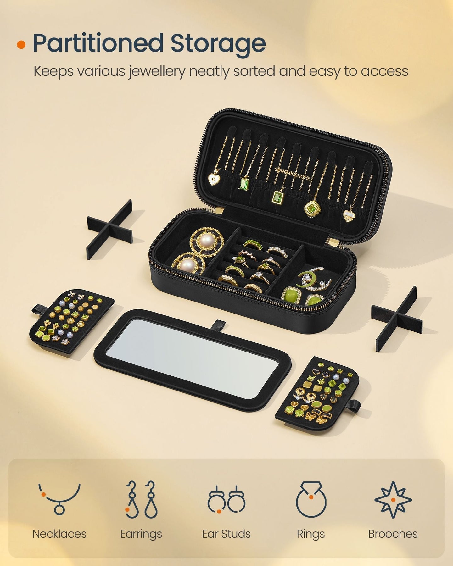 Jewellery Case - PU - Cloud White - Portable with Mirror and Zippers