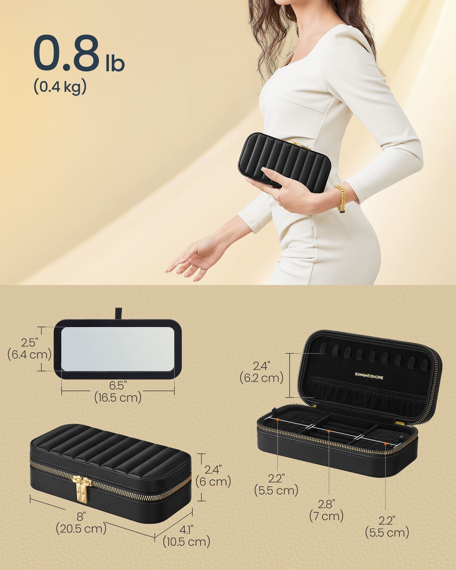 Jewellery Case - PU - Cloud White - Portable with Mirror and Zippers