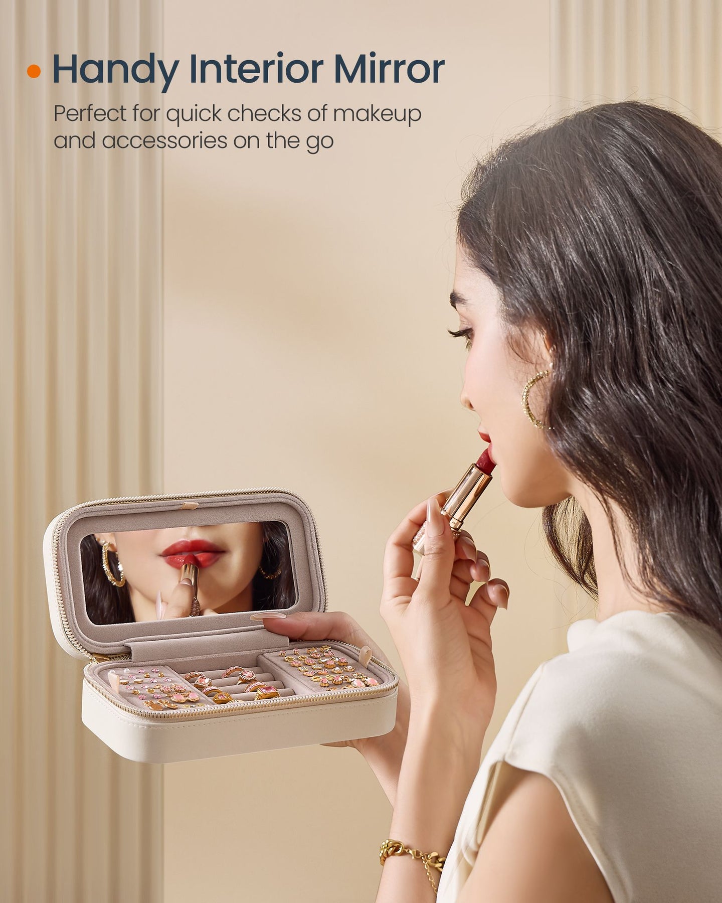 Jewellery Case - PU - Cloud White - Portable with Mirror and Zippers