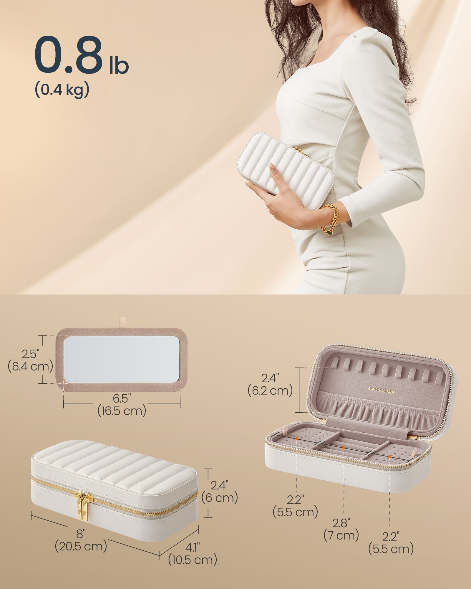 Jewellery Case - PU - Cloud White - Portable with Mirror and Zippers