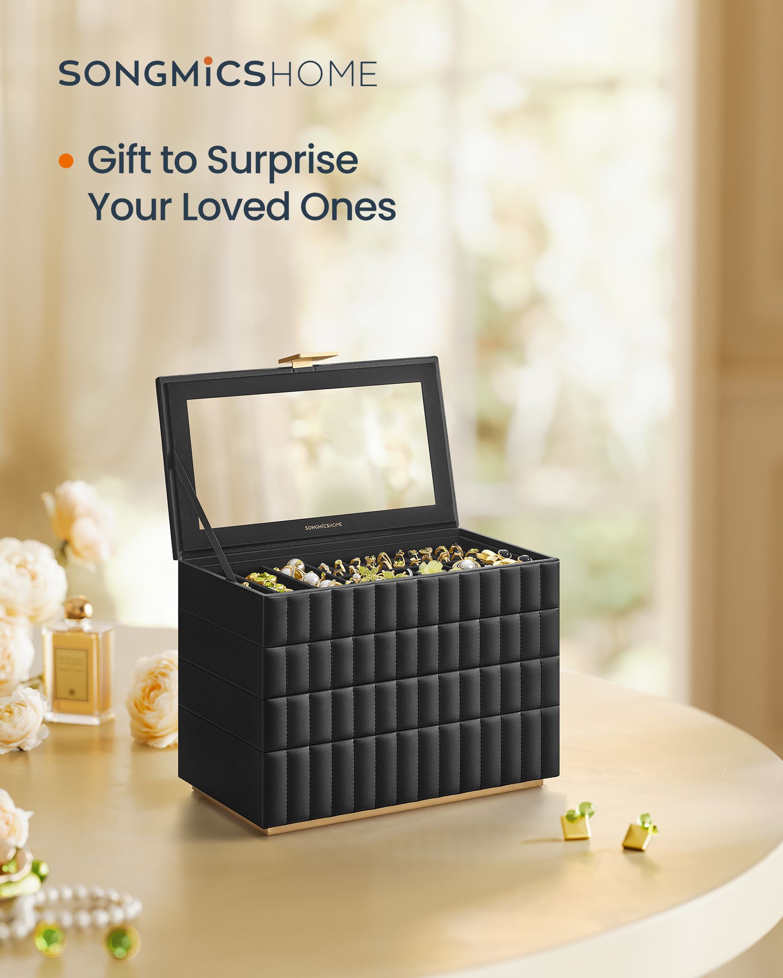 Stackable Jewellery Box - 4-Tier with Mirror - PU - Ink Black