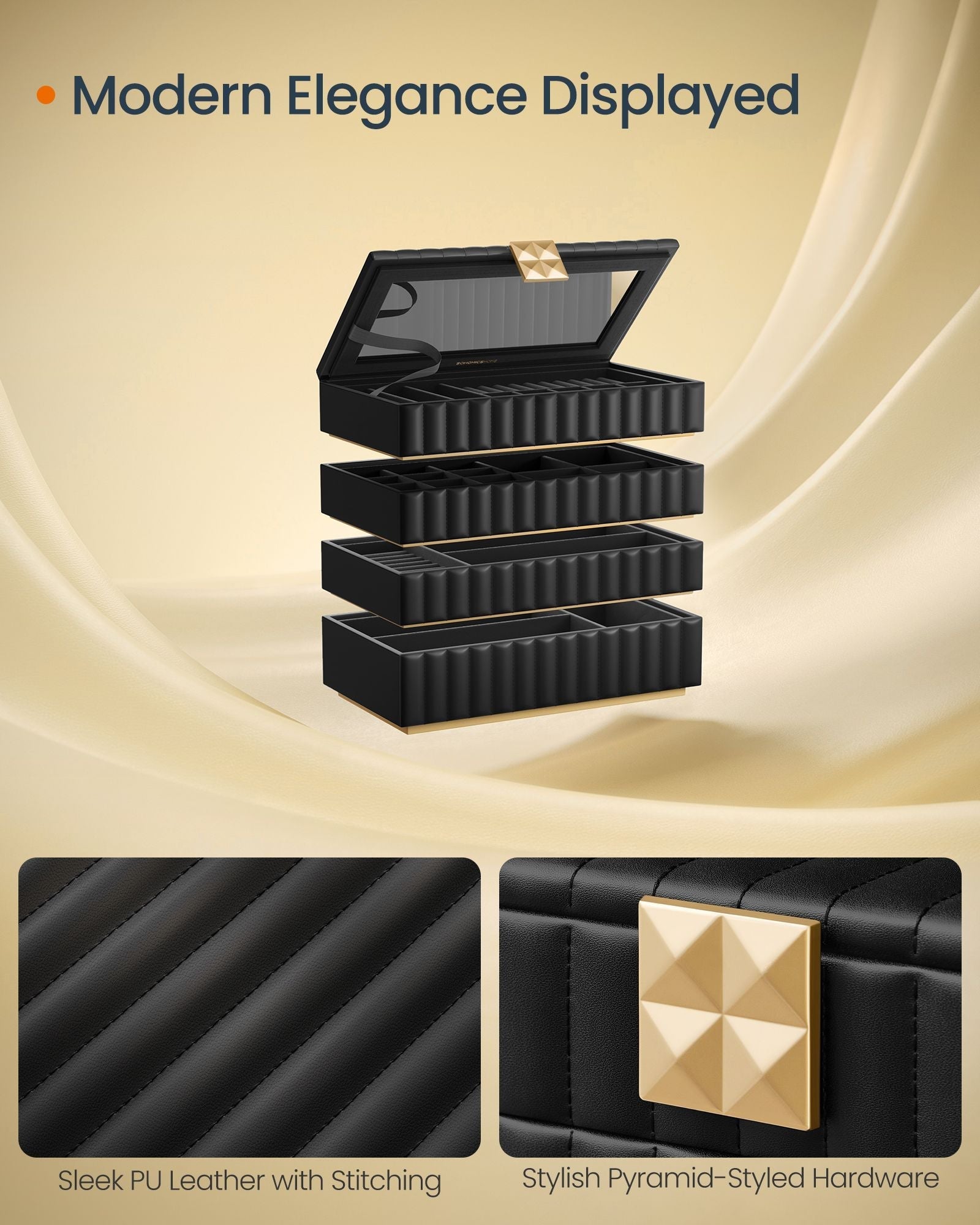 Stackable Jewellery Box - 4-Tier with Mirror - PU - Ink Black