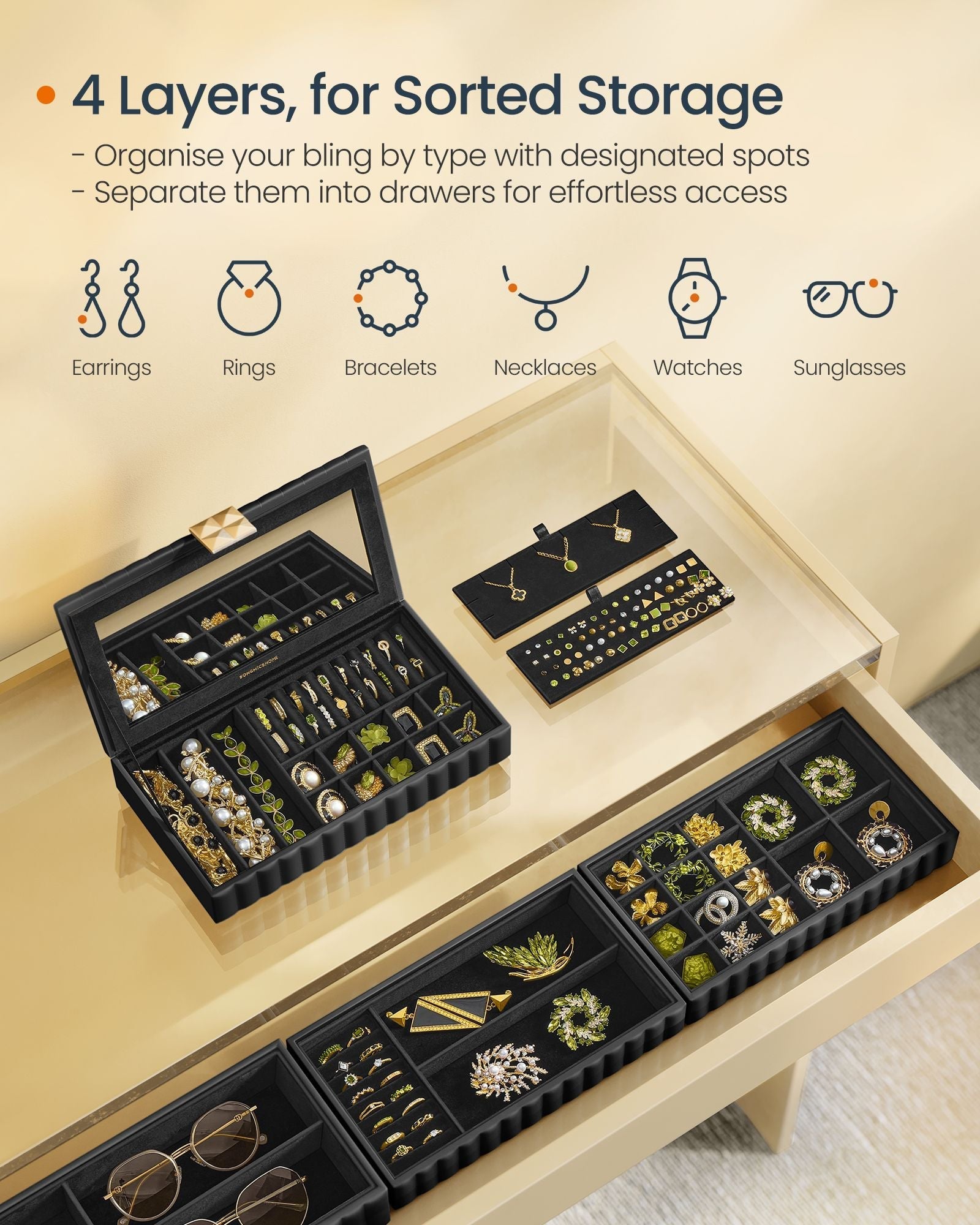 Stackable Jewellery Box - 4-Tier with Mirror - PU - Ink Black