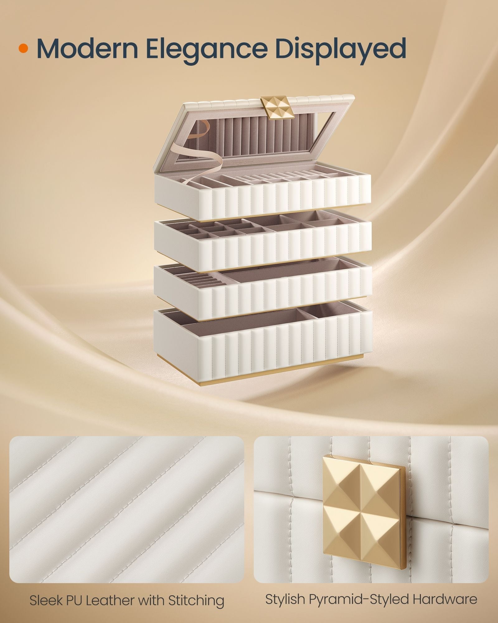 Stackable Jewellery Box - 4-Tier with Mirror - PU - Ink Black