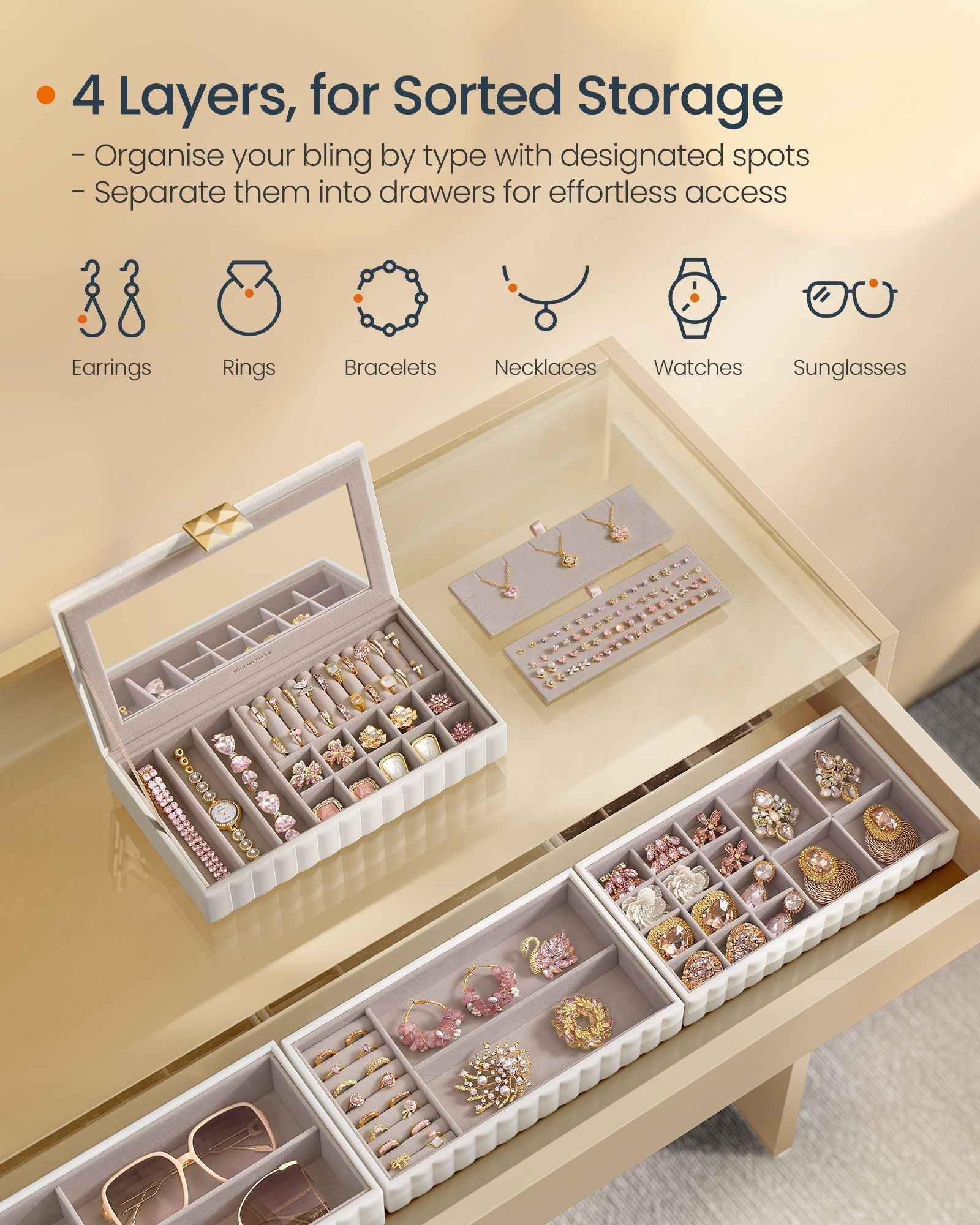 Stackable Jewellery Box - 4-Tier with Mirror - PU - Ink Black