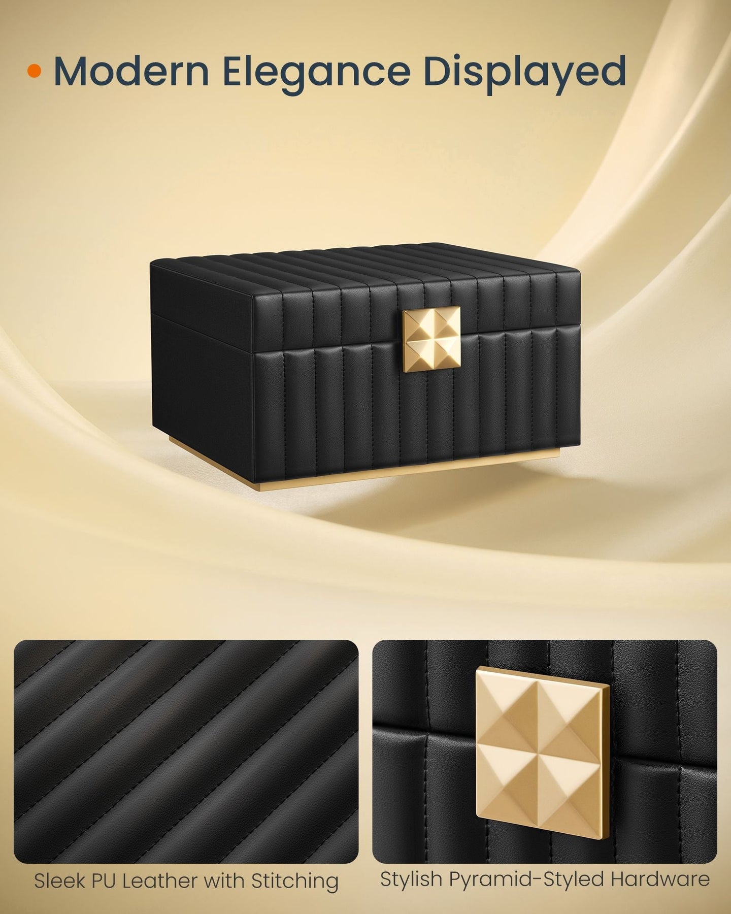 Jewellery Box - PU - Ink Black - 2-Tier with Mirror and Removable Tray