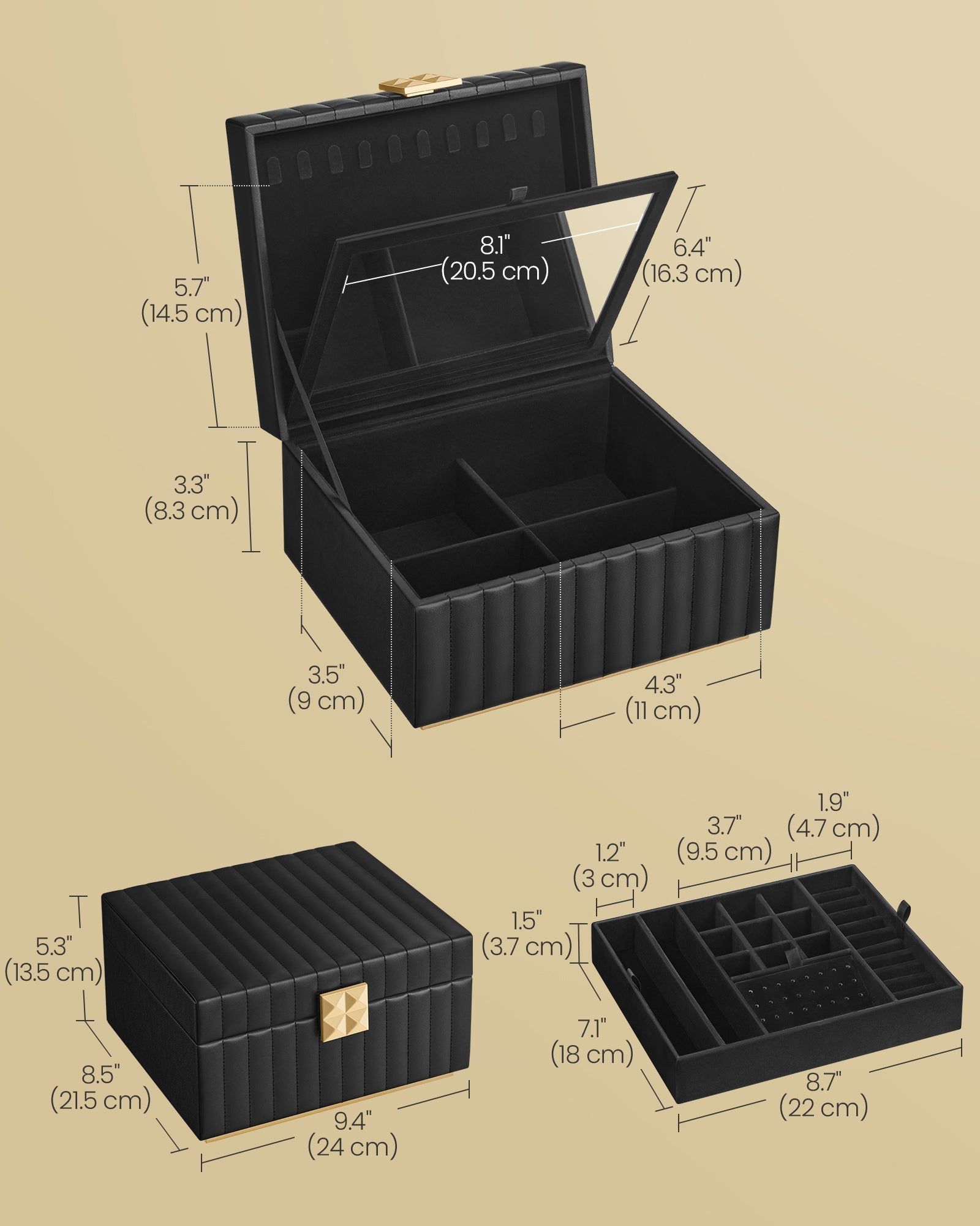 Jewellery Box - PU - Ink Black - 2-Tier with Mirror and Removable Tray